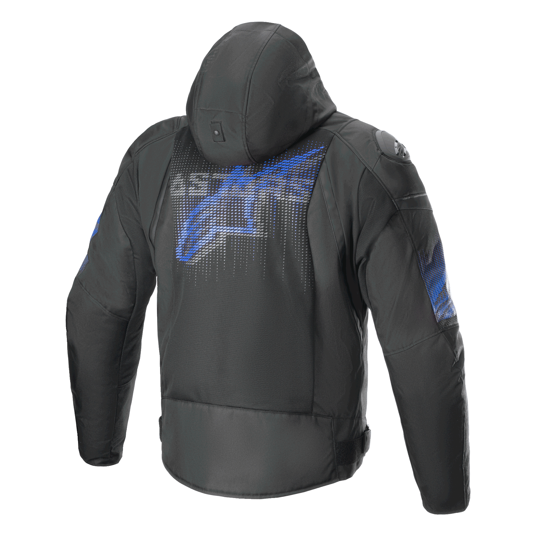 Alpinestars Giacca Zaca Air Venom Impermeabile, giacca da moto in tessuto da uomo con cappuccio, vista posteriore, nera e blu elettrico, con ventilazione in rete 3D e protezione certificata CE