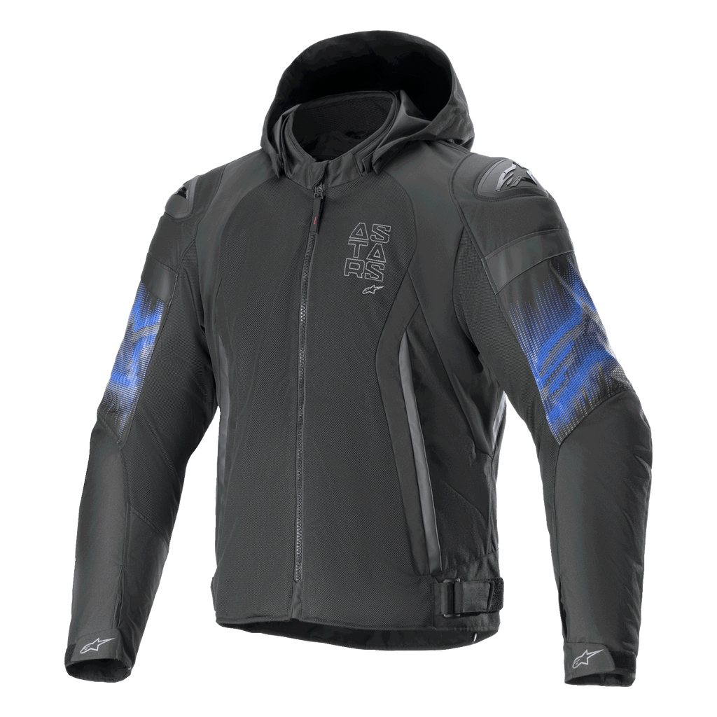 Alpinestars Giacca Zaca Air Venom Impermeabile, giacca da moto in tessuto con cappuccio, nera e blu elettrico, compatibile Tech-Air, certificata CE