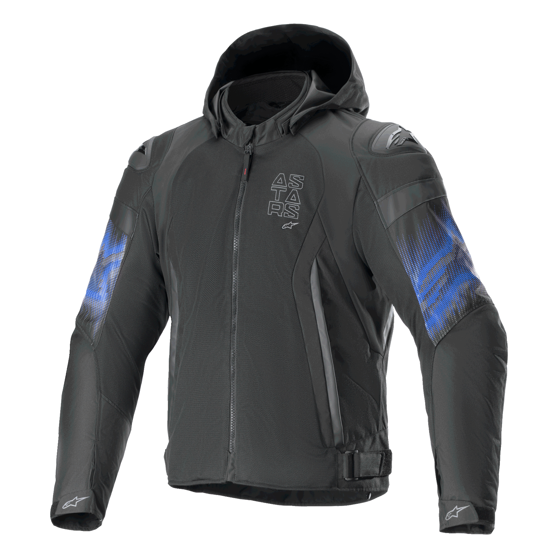Alpinestars Giacca Zaca Air Venom Impermeabile, giacca da moto in tessuto con cappuccio, nera e blu elettrico, compatibile Tech-Air, certificata CE