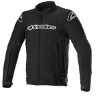 Alpinestars T-GP Force Jacket, giacca da moto in tessuto nero con loghi bianchi su petto e spalle, cerniera frontale, colletto alto, maniche pre-curvate, design sportivo per guida su strada