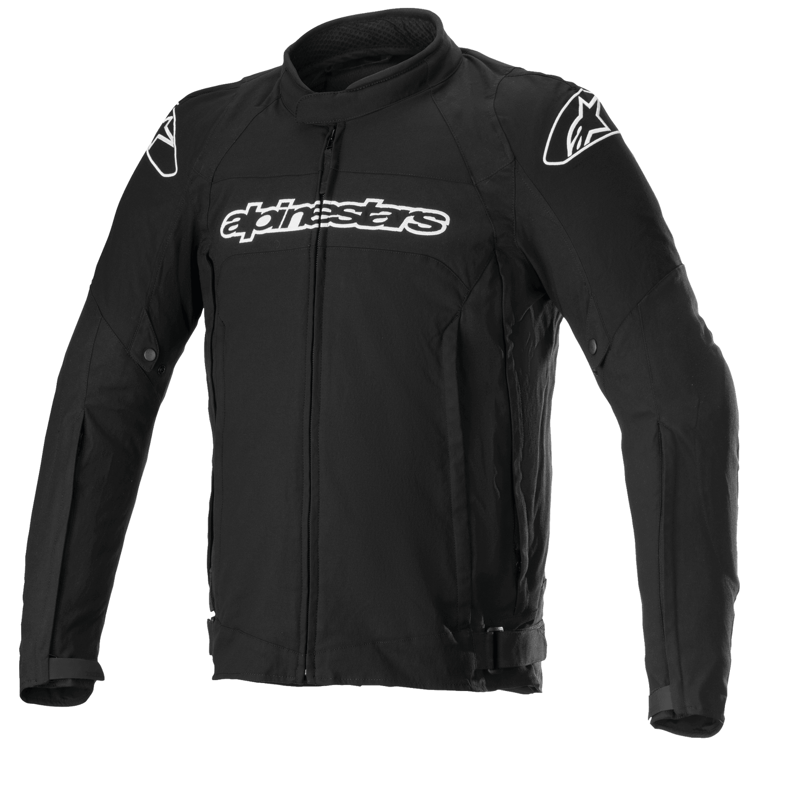 A black Alpinestars EU textile T-GP Force Jacket featuring long sleeves, a front zipper, and the Alpinestars logo prominently displayed on the chest. This jacket boasts protective features with padding on the shoulders and elbows, additional branding on the upper arms, and compatibility with the Tech-Air® 5 Airbag System.