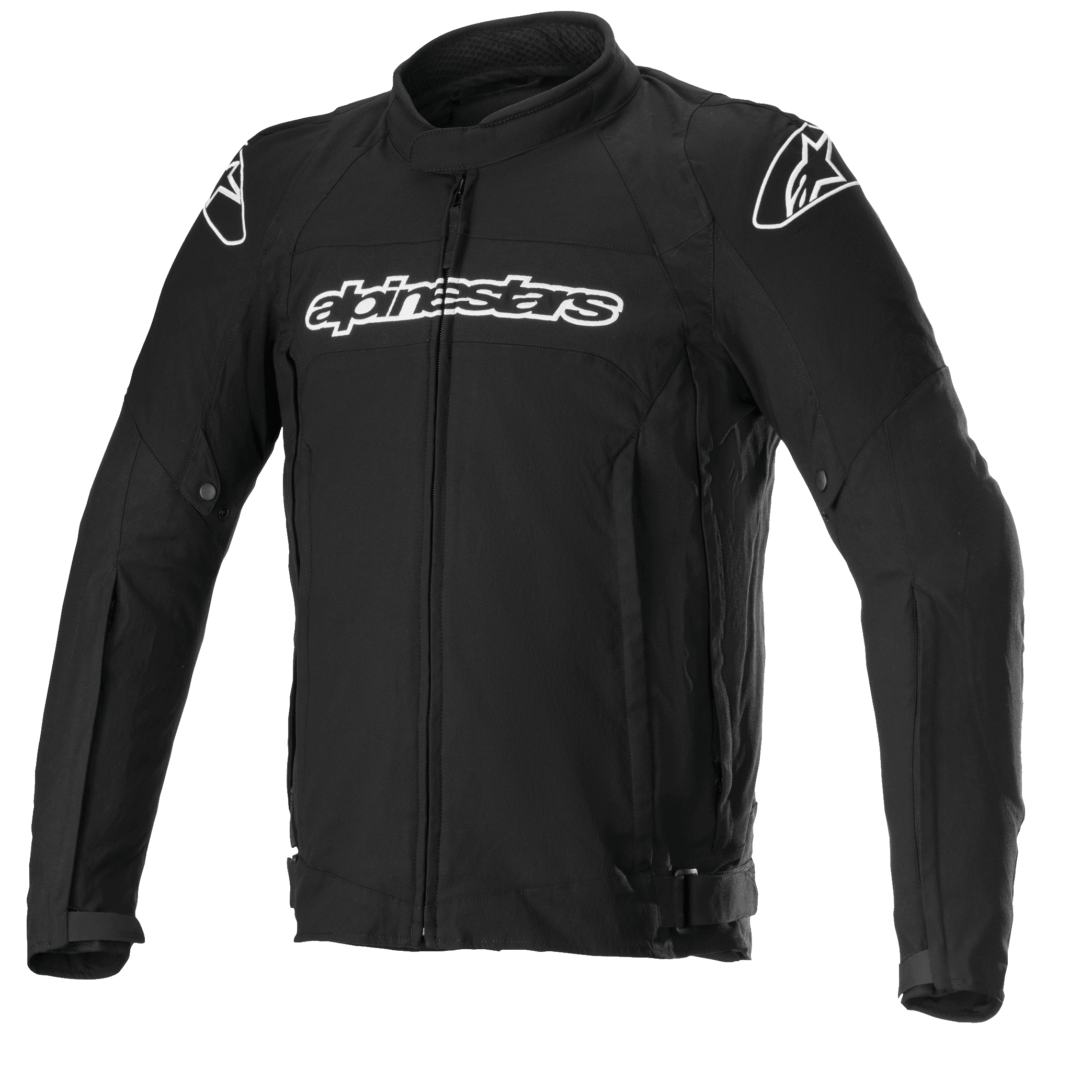 Alpinestars T-GP Force Jacket, giacca da moto in tessuto nero con loghi bianchi su petto e spalle, cerniera frontale, colletto alto, maniche pre-curvate, design sportivo per guida su strada