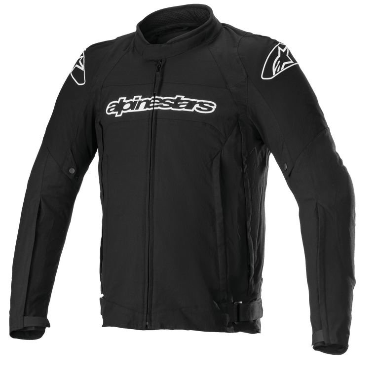 A black Alpinestars EU textile T-GP Force Jacket featuring long sleeves, a front zipper, and the Alpinestars logo prominently displayed on the chest. This jacket boasts protective features with padding on the shoulders and elbows, additional branding on the upper arms, and compatibility with the Tech-Air® 5 Airbag System.