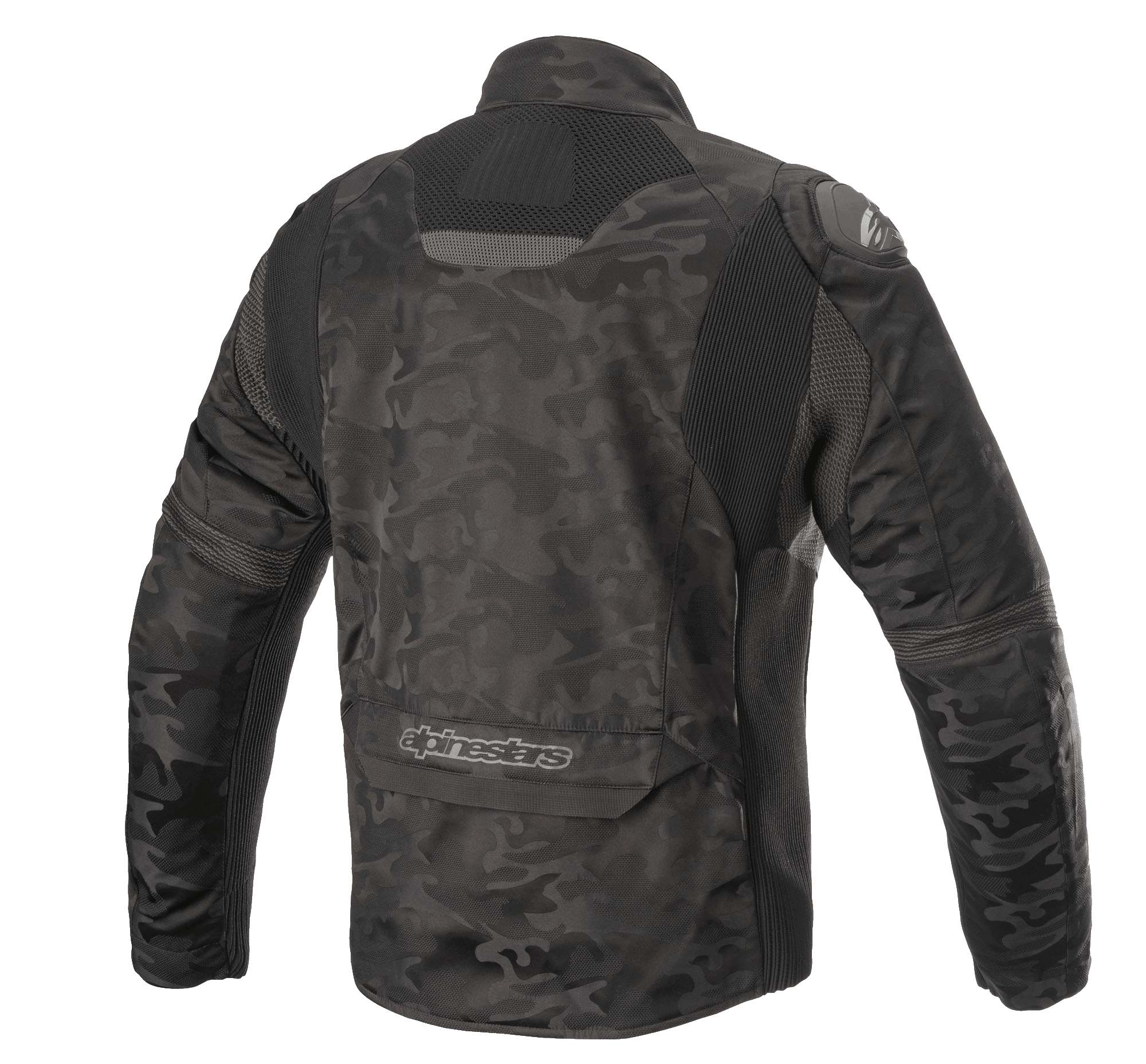 Giacca in tessuto Alpinestars T SP-5 Rideknit®, giacca da moto, Black Camo, vista posteriore con pannelli elastici in maglia, motivo mimetico su tessuto resistente all'abrasione, marchio Alpinestars sulla parte inferiore della schiena.
