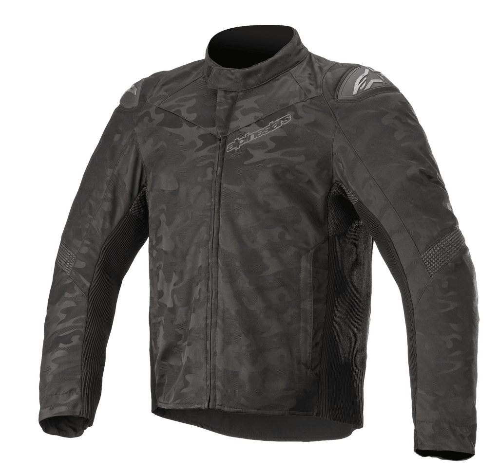 Alpinestars T SP-5 Rideknit® Textile Jacket, giacca da moto, nero mimetico, con motivo camouflage scuro, pannelli in maglia a costine elasticizzati, slider esterni sulle spalle, collo alto e vestibilità sportiva aerodinamica