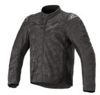 Alpinestars T SP-5 Rideknit® Textile Jacket, giacca da moto, nero mimetico, con motivo camouflage scuro, pannelli in maglia a costine elasticizzati, slider esterni sulle spalle, collo alto e vestibilità sportiva aerodinamica