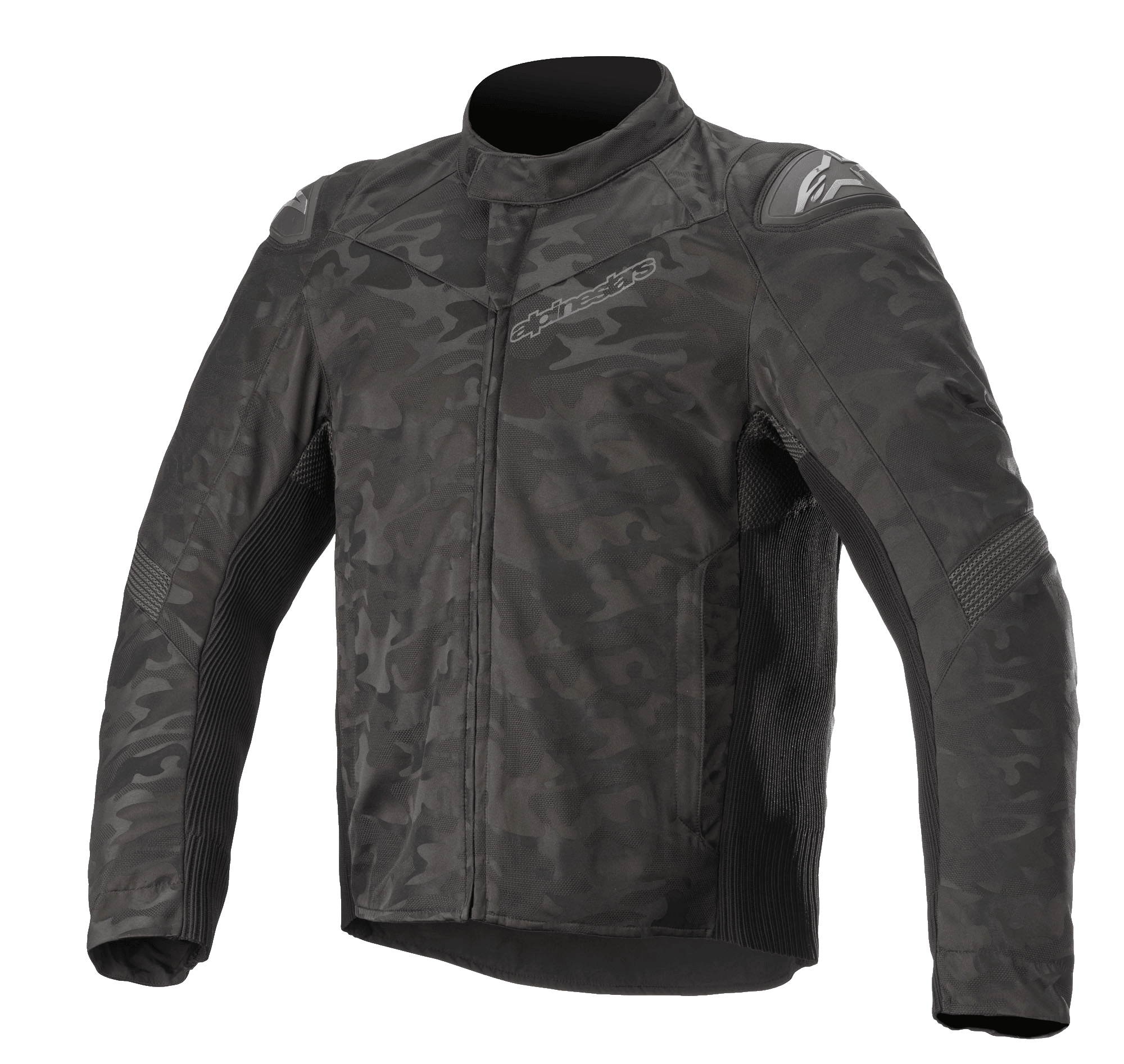 Alpinestars T SP-5 Rideknit® Textile Jacket, giacca da moto, nero mimetico, con motivo camouflage scuro, pannelli in maglia a costine elasticizzati, slider esterni sulle spalle, collo alto e vestibilità sportiva aerodinamica