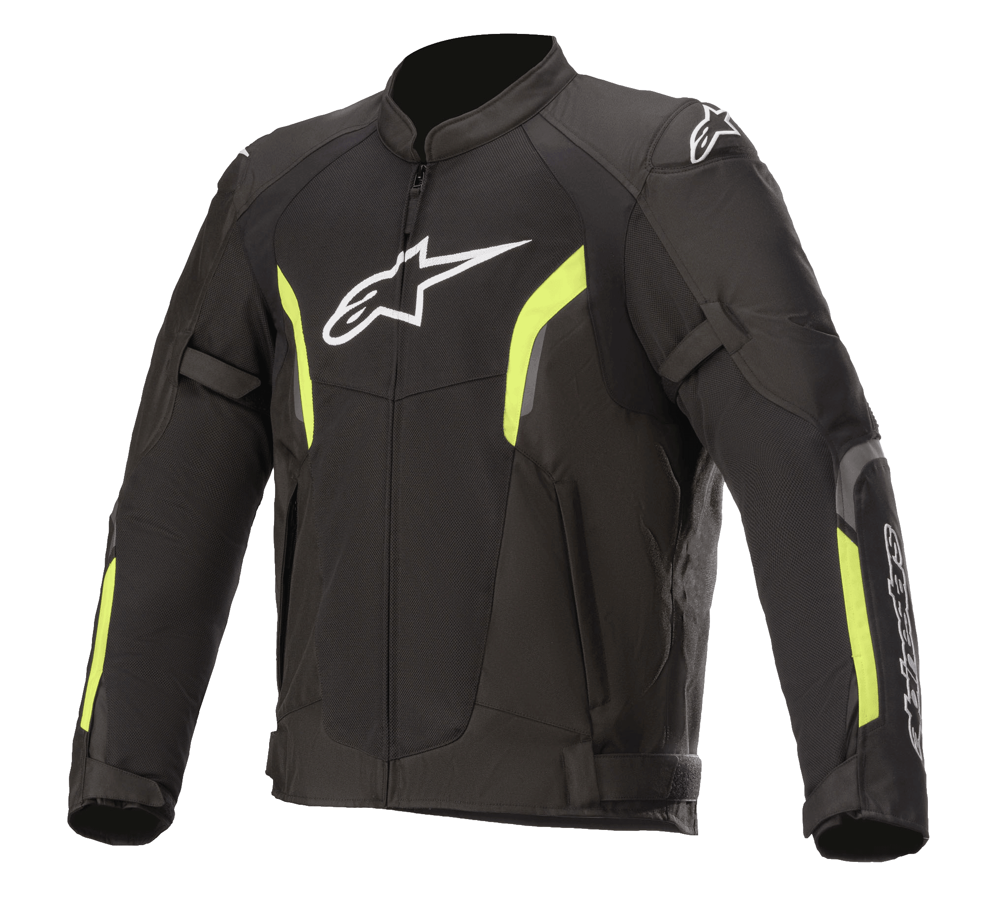 Alpinestars AST V2 Air Jacket, giacca da moto in rete, nero e giallo fluo, logo Astars bianco sul petto, ampi pannelli in rete per la ventilazione, accenti giallo fluorescente su maniche e petto, e cinghie regolabili sulle braccia per una vestibilità sportiva e protettiva