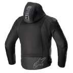 Giacca Alpinestars Zaca Air, giacca da moto in tessuto, nero, vista posteriore con ampi pannelli di ventilazione in mesh 3D, cappuccio staccabile con marchio Alpinestars, logo a stella grigio sulla parte inferiore della schiena, abbigliamento protettivo da strada con slider sulle spalle DFS Lite
