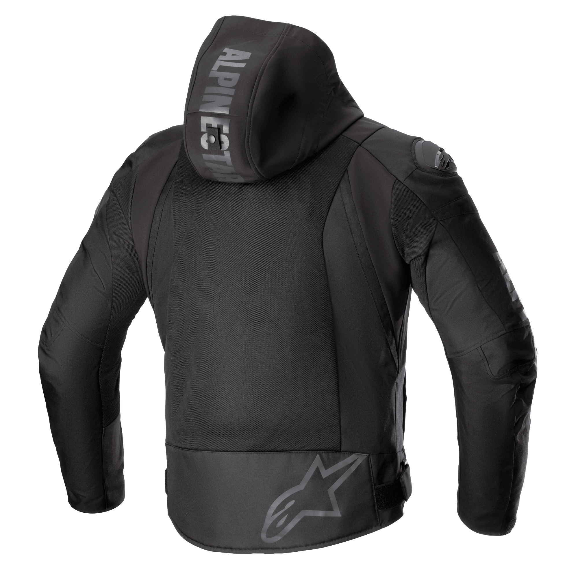 Giacca Alpinestars Zaca Air, giacca da moto in tessuto, nero, vista posteriore con ampi pannelli di ventilazione in mesh 3D, cappuccio staccabile con marchio Alpinestars, logo a stella grigio sulla parte inferiore della schiena, abbigliamento protettivo da strada con slider sulle spalle DFS Lite
