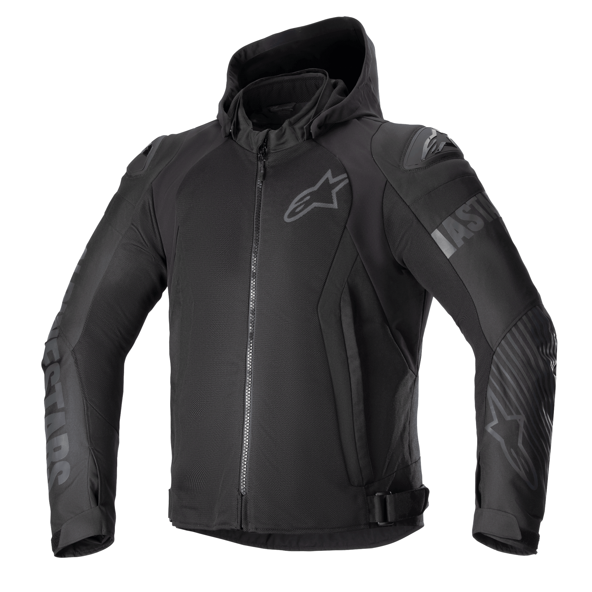 Alpinestars Zaca Air Jacket, giacca da moto in tessuto nero, design con cappuccio e zip frontale, pannelli in rete 3D traspiranti, slider esterni DFS Lite sulle spalle, loghi tono su tono su petto e braccia, stile street sportivo