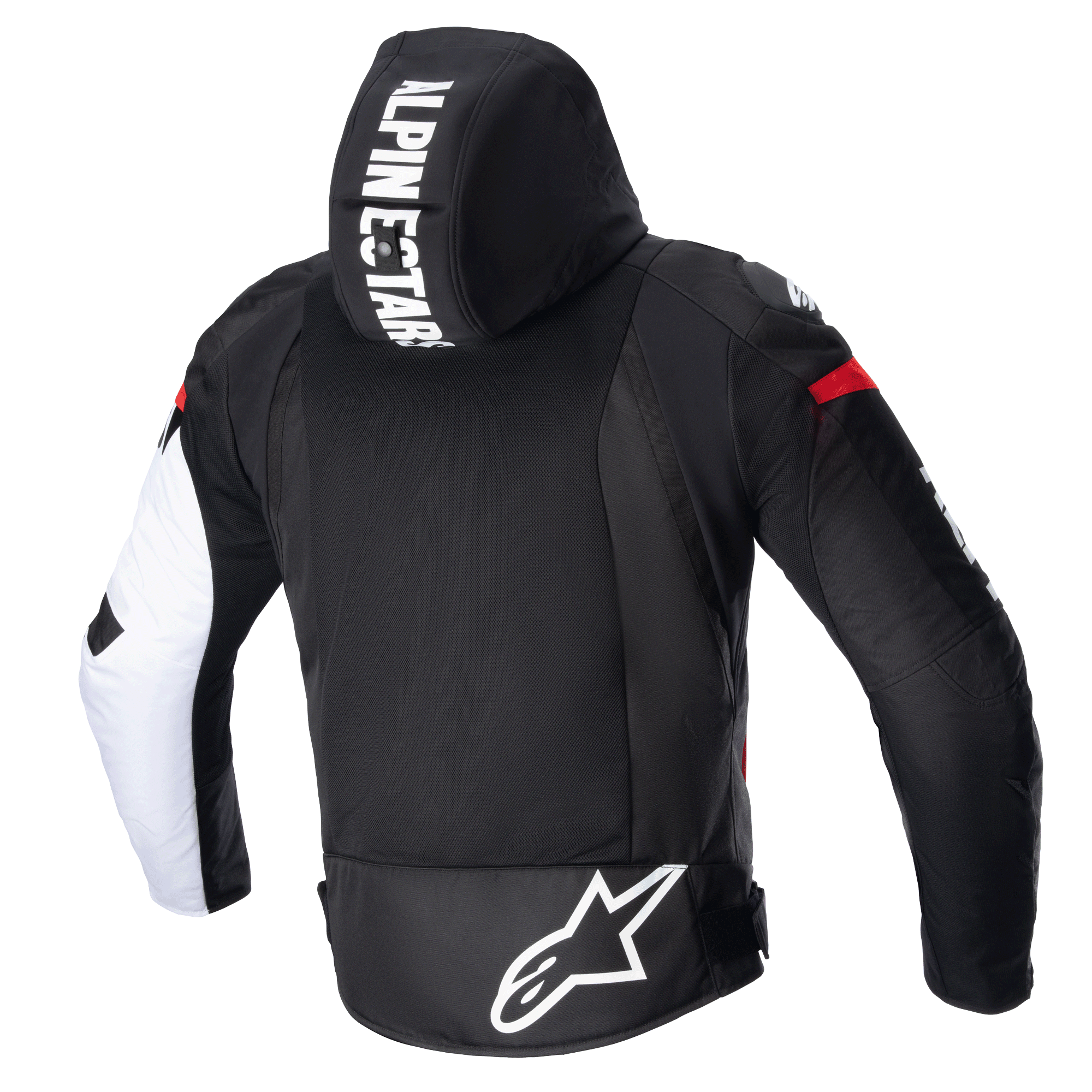 Alpinestars Zaca Air Jacket, giacca da moto in tessuto, nero, bianco e rosso fluo, vista posteriore con cappuccio staccabile con marchio in evidenza, ampio pannello posteriore in rete 3D per la ventilazione e logo Astars bianco sulla parte inferiore della schiena