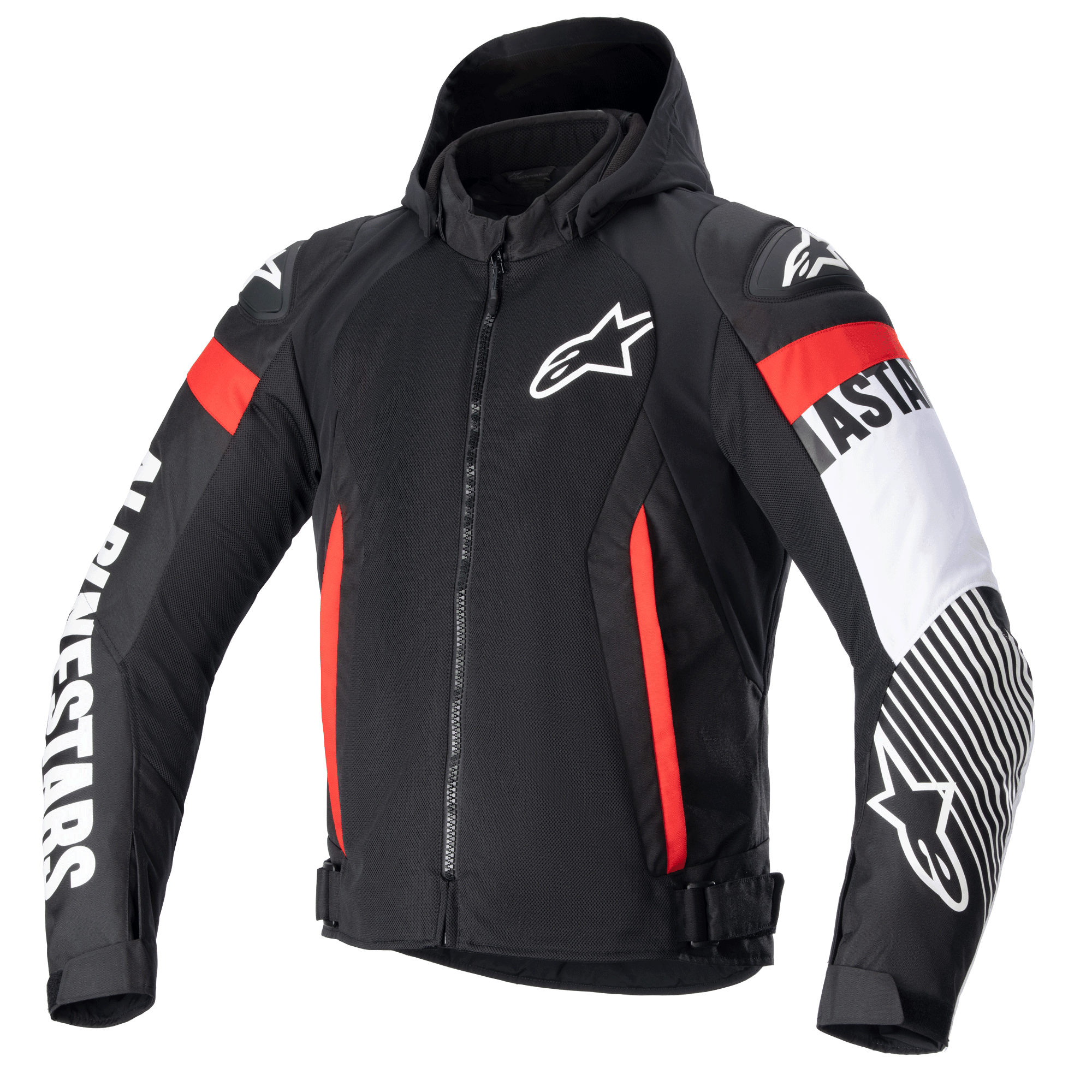 Alpinestars Zaca Air Jacket, giacca da moto in tessuto nero con accenti rosso e bianco fluo, cappuccio rimovibile, pannelli in mesh 3D per la ventilazione, vistoso marchio Alpinestars bianco sulle maniche, logo a stella sul petto e cinghie regolabili in vita