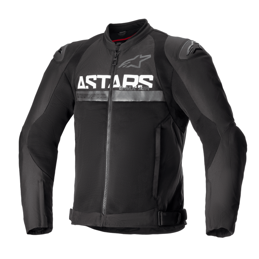 Alpinestars SMX Air Jacket, giacca da moto in tessuto nero, caratterizzata da pannelli di ventilazione in mesh, vistoso marchio ASTARS bianco sul petto, slider esterni per le spalle DFS Lite e chiusura frontale con zip in un design racing aderente.