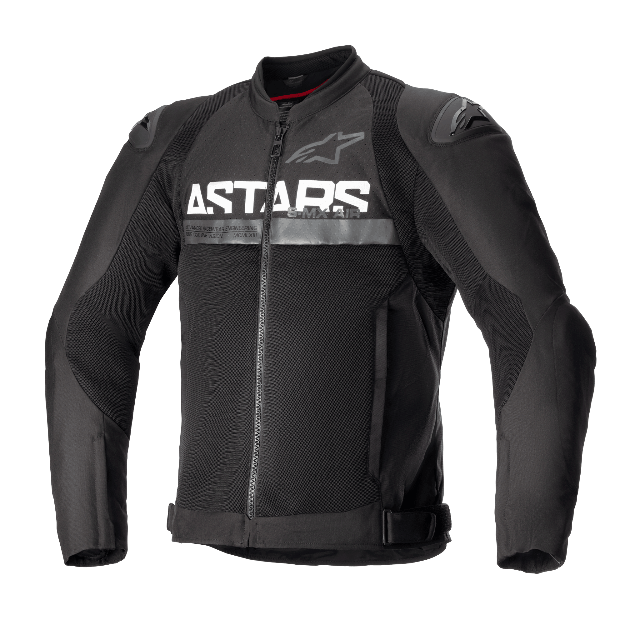 Alpinestars SMX Air Jacket, giacca da moto in tessuto nero, caratterizzata da pannelli di ventilazione in mesh, vistoso marchio ASTARS bianco sul petto, slider esterni per le spalle DFS Lite e chiusura frontale con zip in un design racing aderente.