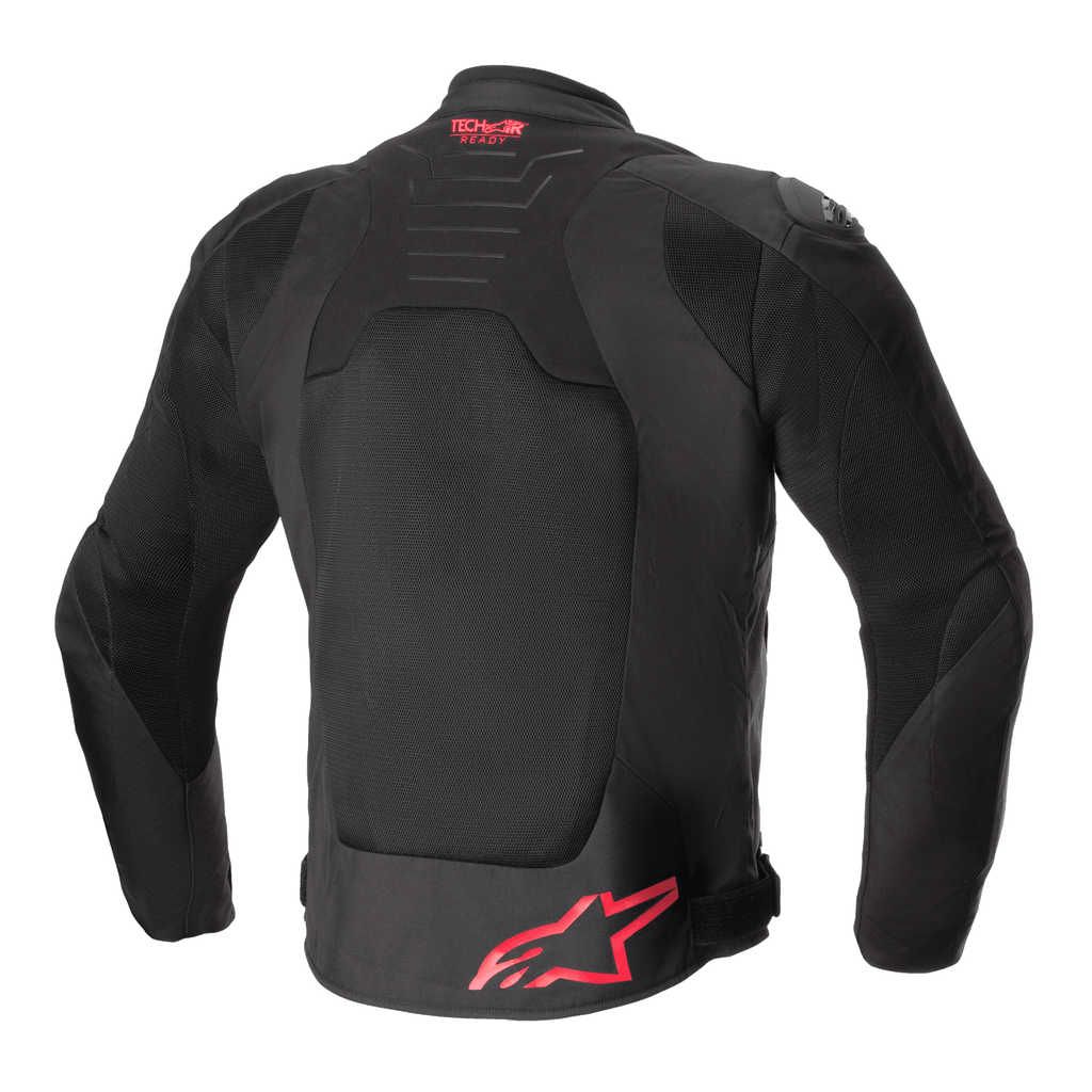 Giacca Alpinestars SMX Air, vista posteriore, nero con accenti rosso brillante, pannello posteriore in rete ventilata, branding Tech-Air Ready sulla parte superiore della schiena, logo Alpinestars rosso sulla parte inferiore della schiena, giacca da moto sportiva.