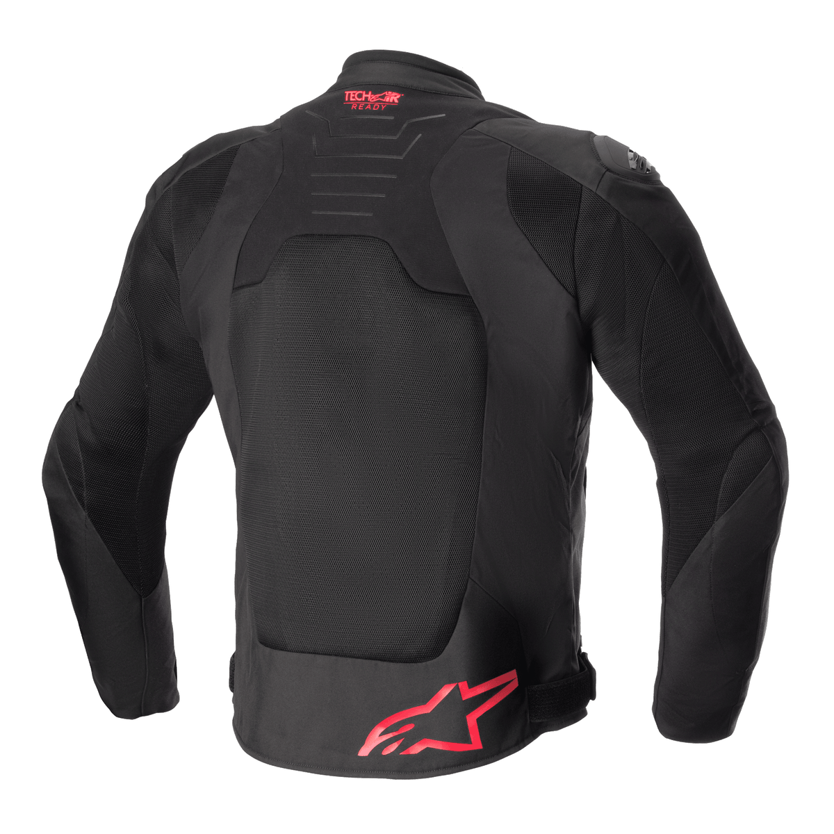 Giacca Alpinestars SMX Air, vista posteriore, nero con accenti rosso brillante, pannello posteriore in rete ventilata, branding Tech-Air Ready sulla parte superiore della schiena, logo Alpinestars rosso sulla parte inferiore della schiena, giacca da moto sportiva.