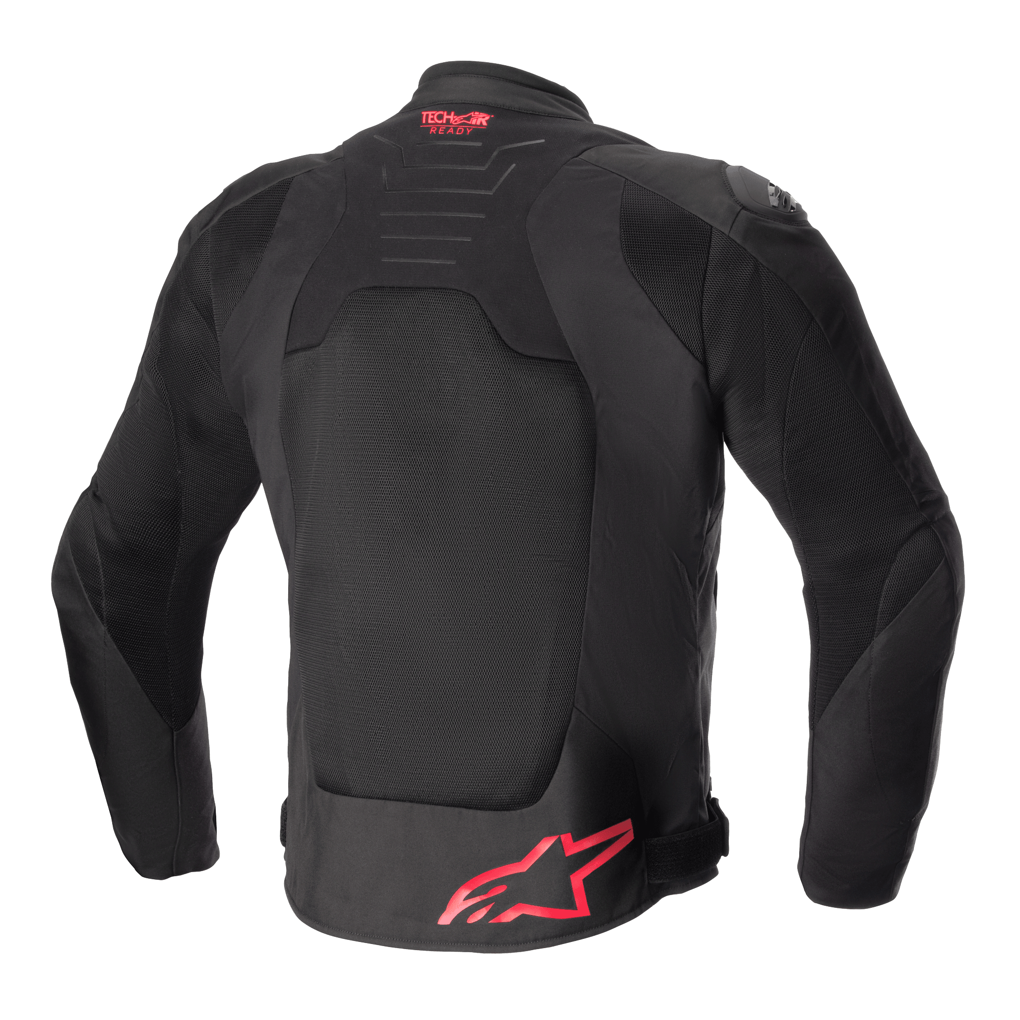 Giacca Alpinestars SMX Air, vista posteriore, nero con accenti rosso brillante, pannello posteriore in rete ventilata, branding Tech-Air Ready sulla parte superiore della schiena, logo Alpinestars rosso sulla parte inferiore della schiena, giacca da moto sportiva.