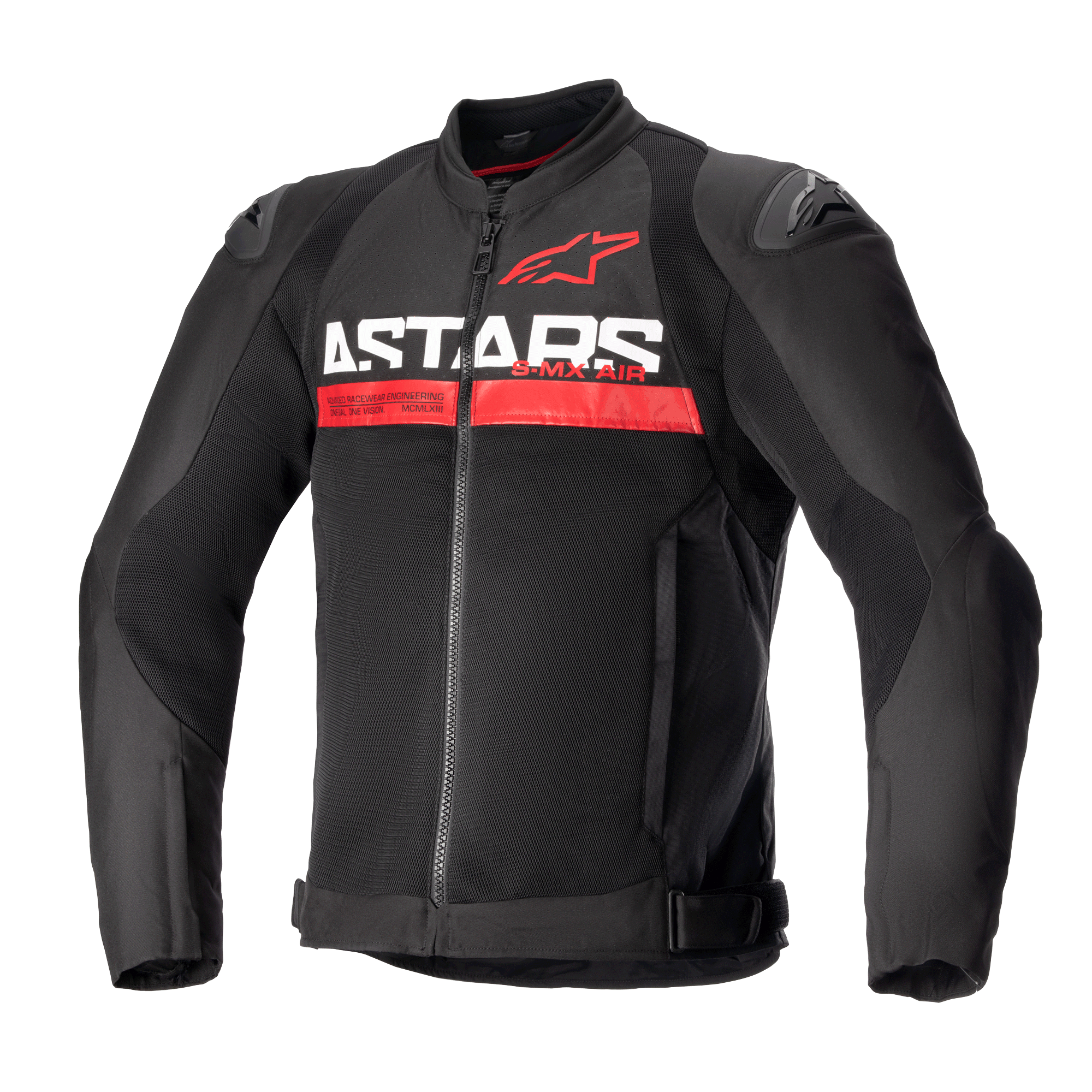 Alpinestars SMX Air Jacket, giacca sportiva da moto, nero e rosso vivace, con scritta 'ASTARS' bianca e una striscia orizzontale rossa sul petto, pannelli in mesh ventilati con cursori esterni sulle spalle DFS Lite, abbigliamento protettivo per la guida estiva