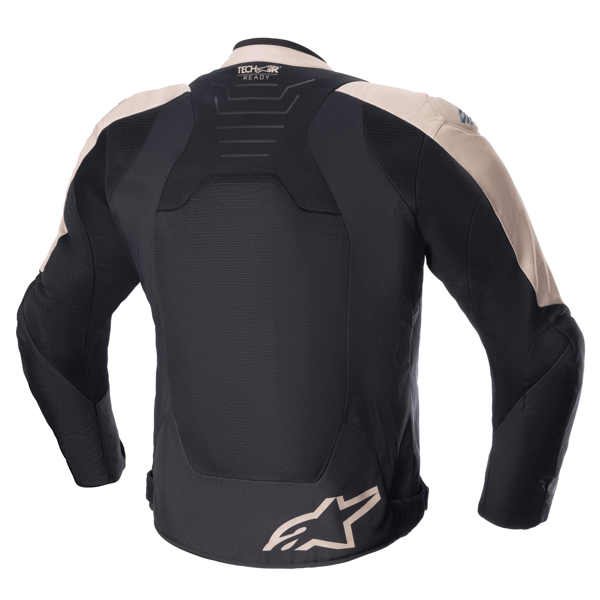 Giacca Alpinestars SMX Air, giacca sportiva da moto, marrone chiaro e nero, vista posteriore con pannelli in rete tecnica ventilata, marchio Tech-Air Ready sulla parte superiore della schiena e logo Alpinestars sul bordo inferiore.