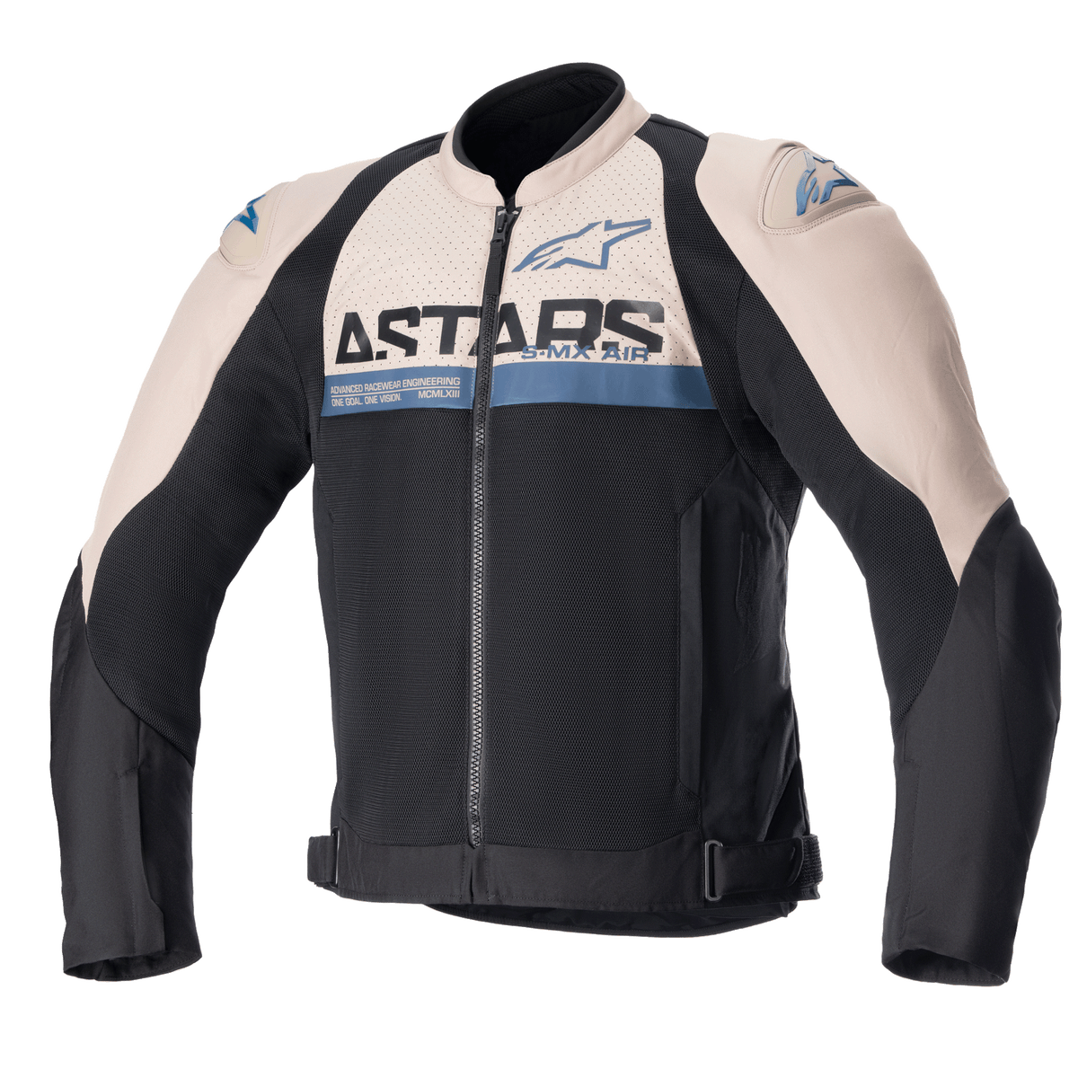 Alpinestars SMX Air Jacket, giacca da moto sportiva, marrone chiaro e nero con accenti blu sodalite, pannelli di ventilazione in mesh, logo ASTARS sul petto, chiusura frontale con zip, cinghie regolabili in vita, cursori protettivi sulle spalle
