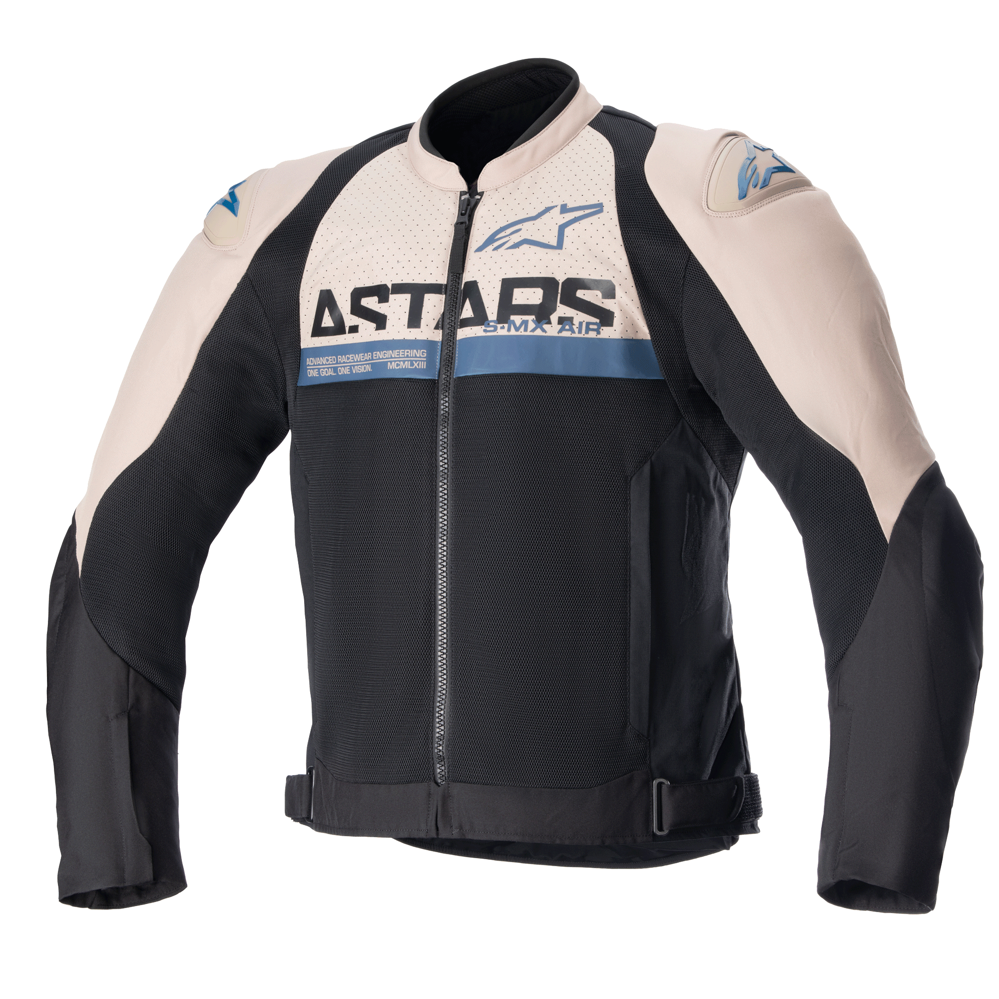 Alpinestars SMX Air Jacket, giacca da moto sportiva, marrone chiaro e nero con accenti blu sodalite, pannelli di ventilazione in mesh, logo ASTARS sul petto, chiusura frontale con zip, cinghie regolabili in vita, cursori protettivi sulle spalle
