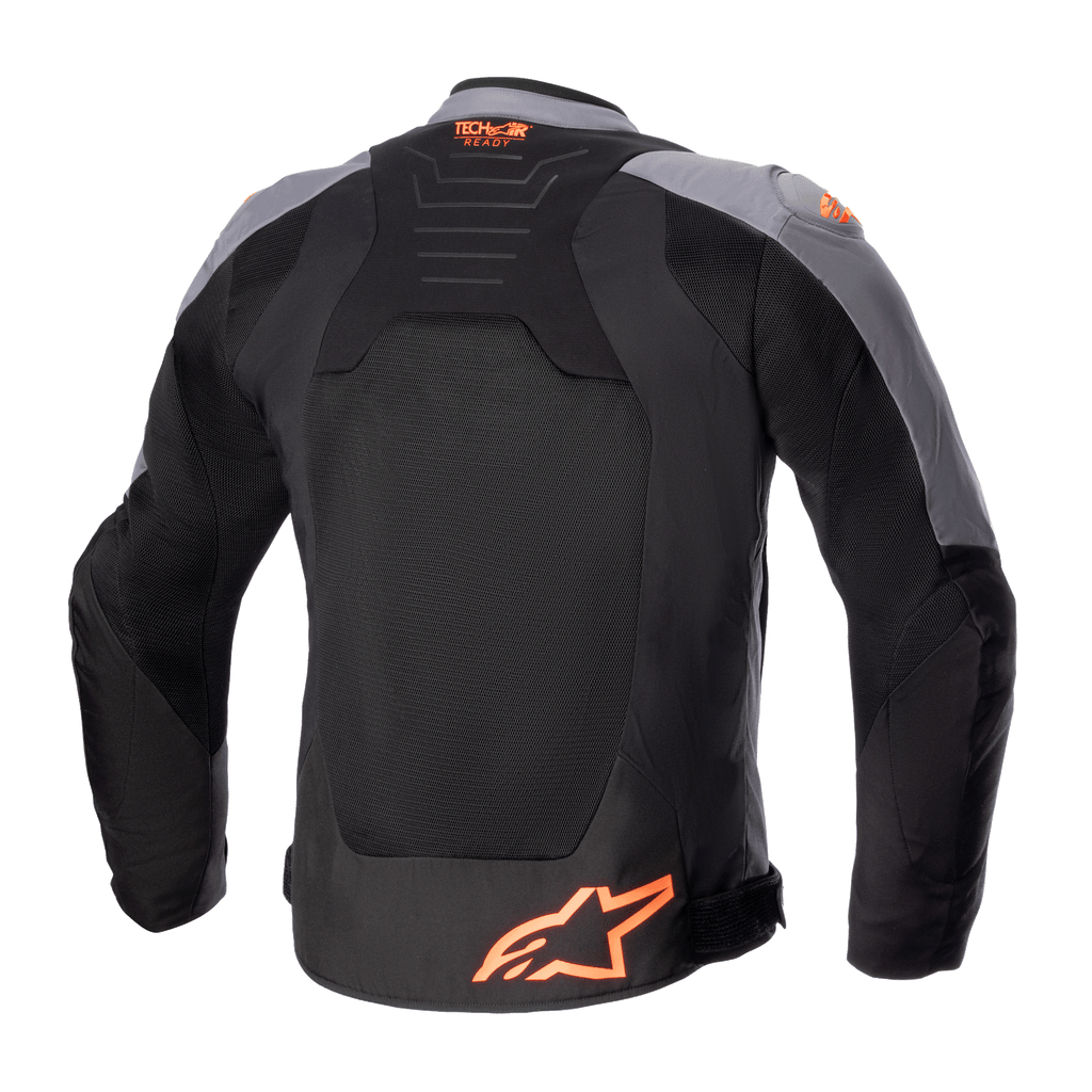 Alpinestars SMX Air Jacket, giacca da moto in tessuto, nero e grigio scuro con arancione fluo, vista posteriore con ampi pannelli in rete, logo Tech-Air Ready sulla parte superiore della schiena e logo a stella arancione in basso.