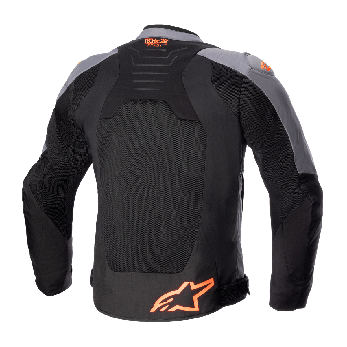 Alpinestars SMX Air Jacket, giacca da moto in tessuto, nero e grigio scuro con arancione fluo, vista posteriore con ampi pannelli in rete, logo Tech-Air Ready sulla parte superiore della schiena e logo a stella arancione in basso.