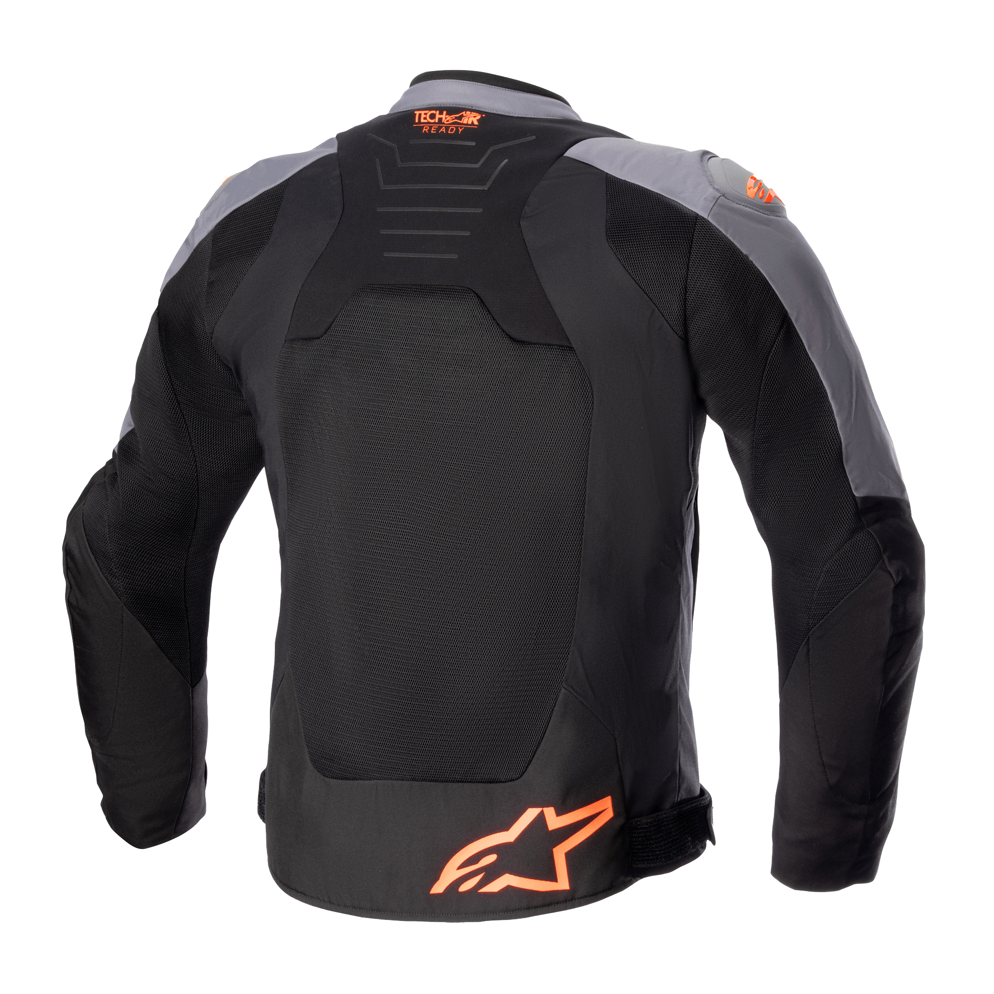 Alpinestars SMX Air Jacket, giacca da moto in tessuto, nero e grigio scuro con arancione fluo, vista posteriore con ampi pannelli in rete, logo Tech-Air Ready sulla parte superiore della schiena e logo a stella arancione in basso.