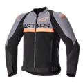 Alpinestars SMX Air Jacket, giacca sportiva da moto, grigio scuro e nero con dettagli arancione fluo, pannelli in mesh tecnico traforato e logo ASTARS sul petto, maniche lunghe, cerniera frontale e cinghie regolabili in vita, abbigliamento tecnico ventilato
