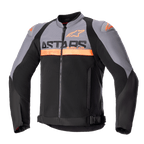 Alpinestars SMX Air Jacket, giacca sportiva da moto, grigio scuro e nero con dettagli arancione fluo, pannelli in mesh tecnico traforato e logo ASTARS sul petto, maniche lunghe, cerniera frontale e cinghie regolabili in vita, abbigliamento tecnico ventilato