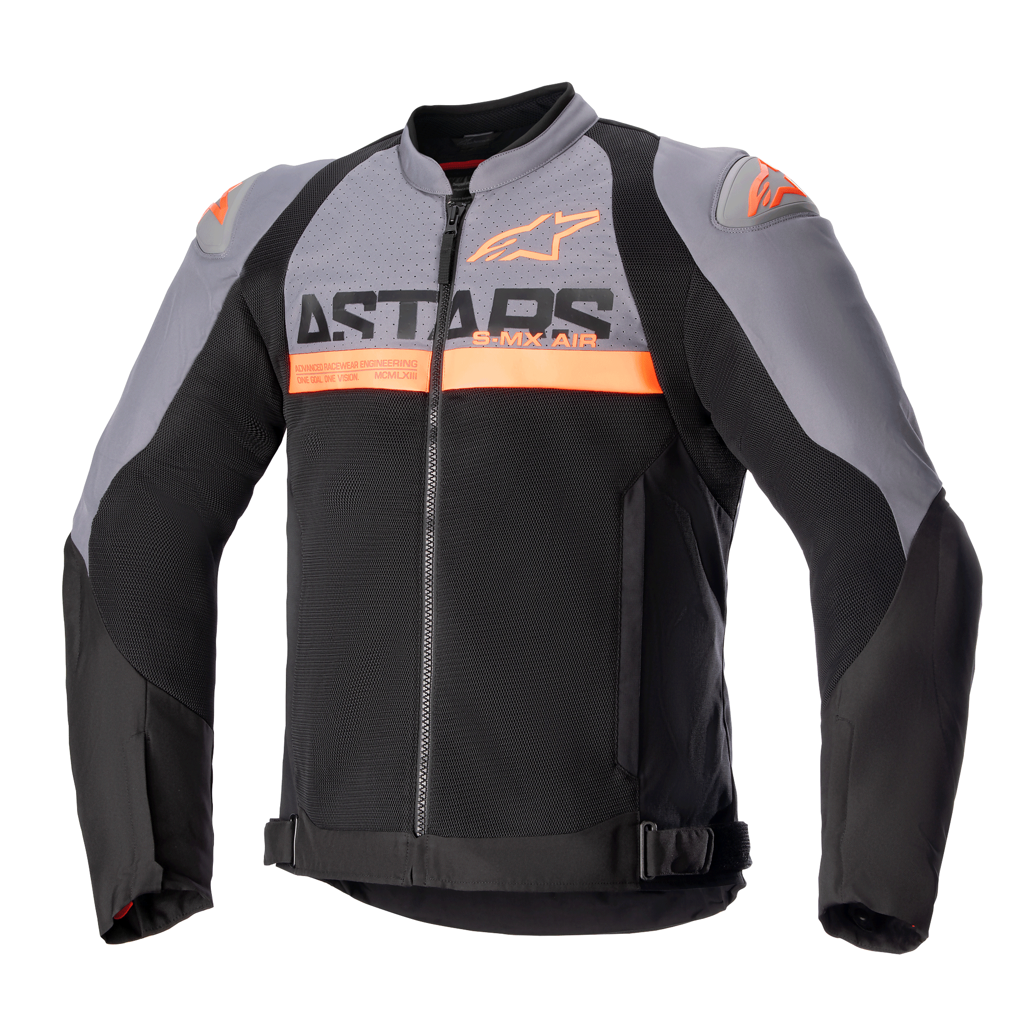 Alpinestars SMX Air Jacket, giacca sportiva da moto, grigio scuro e nero con dettagli arancione fluo, pannelli in mesh tecnico traforato e logo ASTARS sul petto, maniche lunghe, cerniera frontale e cinghie regolabili in vita, abbigliamento tecnico ventilato