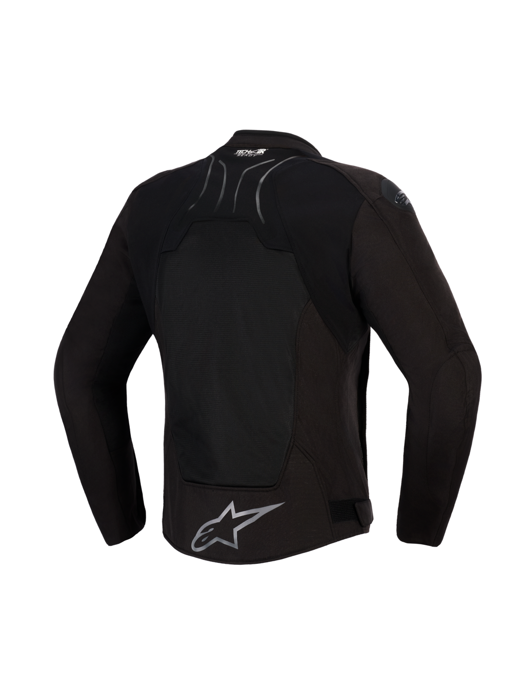 Giacca Alpinestars SMX Air, Black Anthracite, vista posteriore, con ampio pannello posteriore in mesh tecnico per la ventilazione, marchio Tech-Air® Ready sulla parte superiore della schiena e logo Alpinestars a stella argento sull'orlo inferiore, progettata per la guida sportiva in climi caldi.