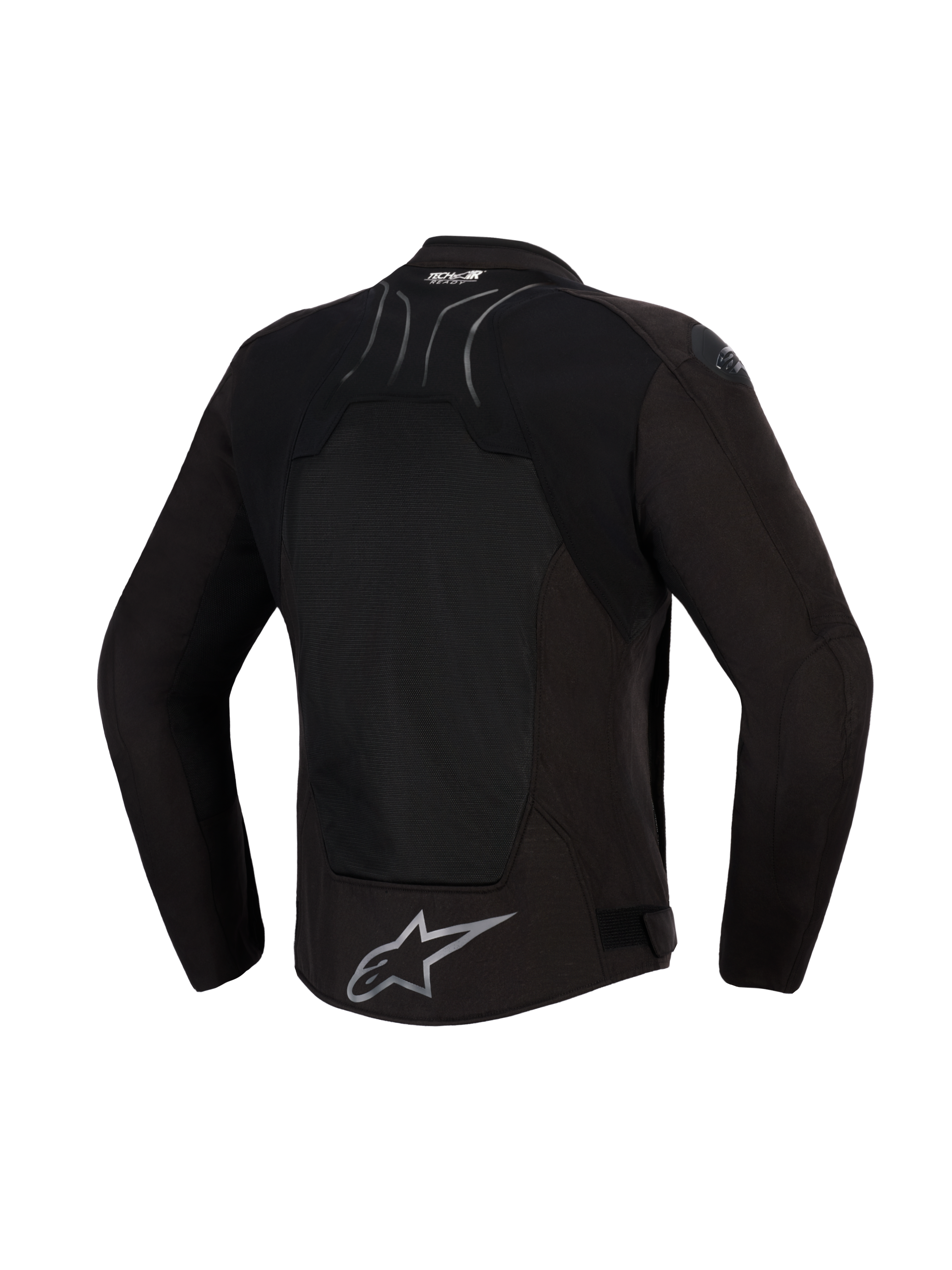 Giacca Alpinestars SMX Air, Black Anthracite, vista posteriore, con ampio pannello posteriore in mesh tecnico per la ventilazione, marchio Tech-Air® Ready sulla parte superiore della schiena e logo Alpinestars a stella argento sull'orlo inferiore, progettata per la guida sportiva in climi caldi.