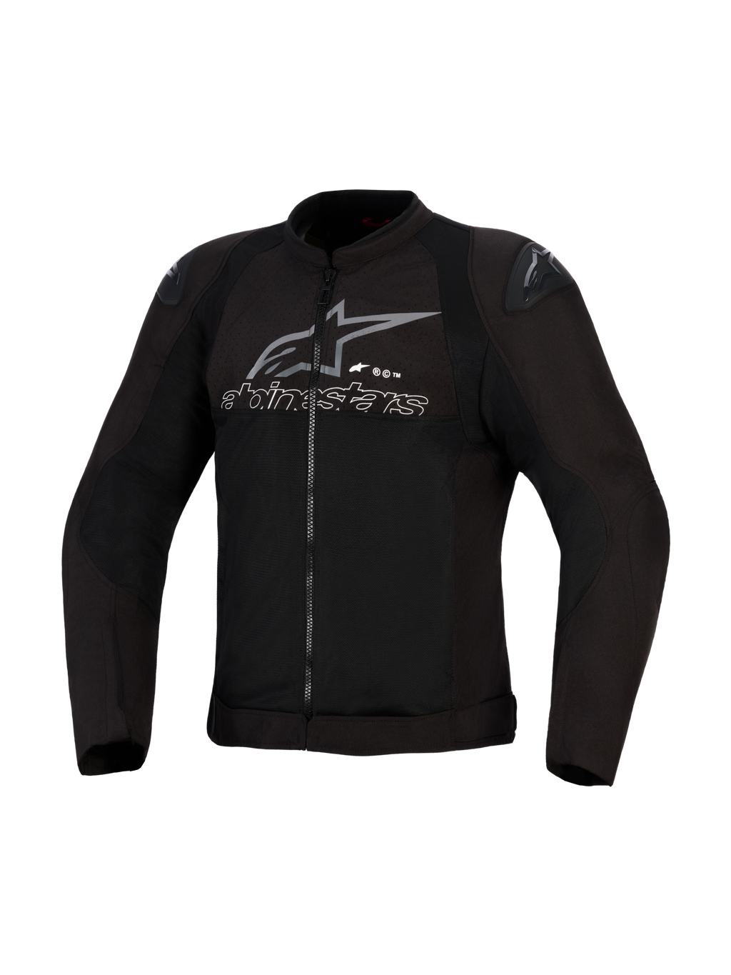 Alpinestars SMX Air Jacket, nero e antracite, giacca da moto in tessuto ventilato, pannelli in rete ad alto flusso, slider per spalle DFS Lite, logo e scritta Alpinestars grigi sul petto