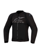 Alpinestars SMX Air Jacket, nero e antracite, giacca da moto in tessuto ventilato, pannelli in rete ad alto flusso, slider per spalle DFS Lite, logo e scritta Alpinestars grigi sul petto