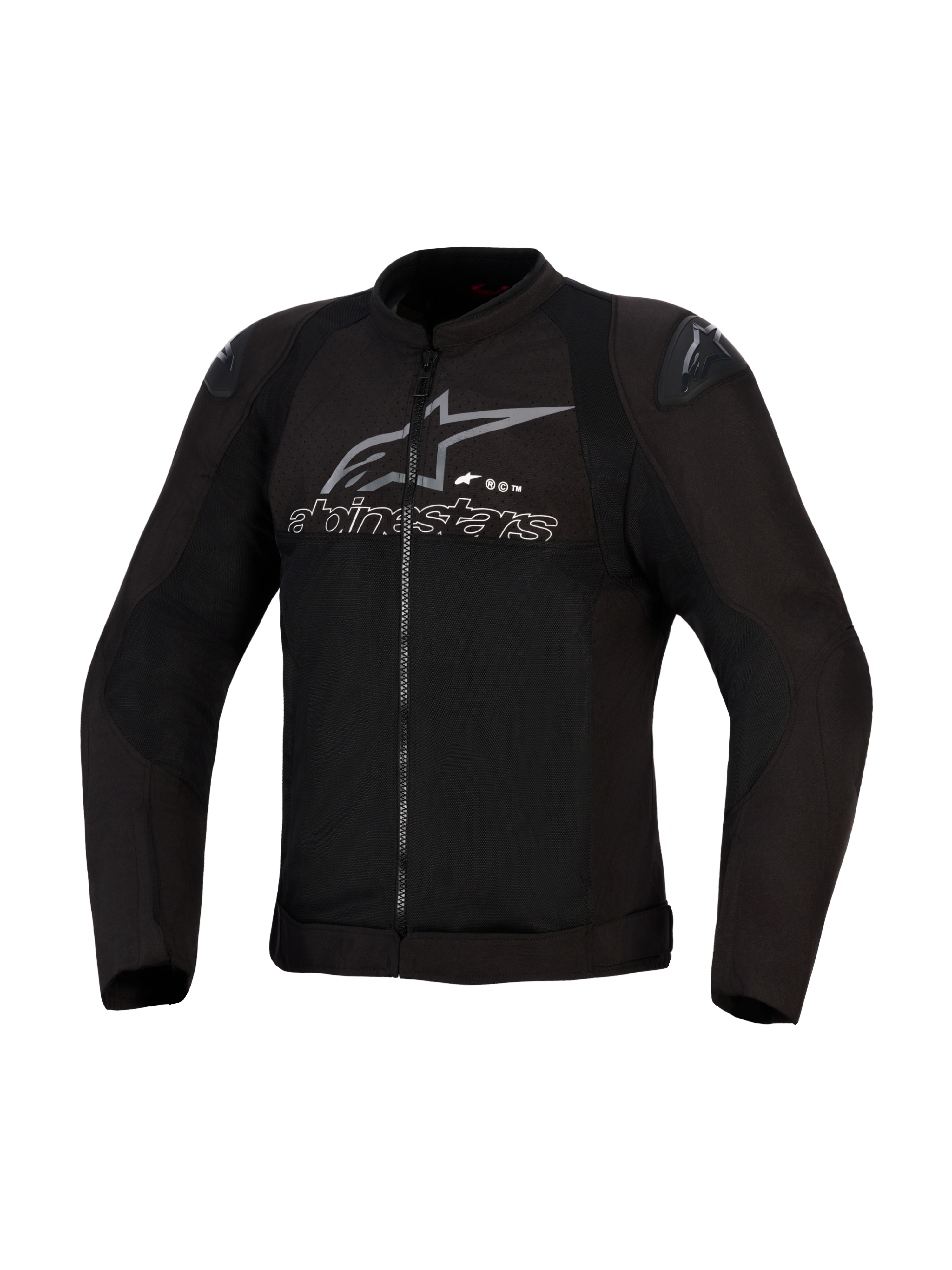 Alpinestars SMX Air Jacket, nero e antracite, giacca da moto in tessuto ventilato, pannelli in rete ad alto flusso, slider per spalle DFS Lite, logo e scritta Alpinestars grigi sul petto