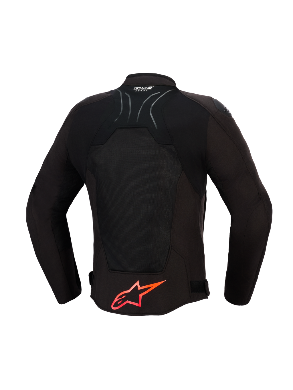 Giacca Alpinestars SMX Air, giacca da moto, nero con dettagli rosso brillante, vista posteriore con pannelli in rete tecnica per il flusso d'aria, grande logo Alpinestars rosso sulla parte inferiore della schiena, logo Tech-Air Ready sul colletto, design sportivo per la guida ad alte prestazioni.