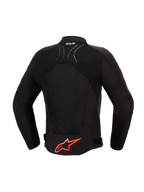Giacca Alpinestars SMX Air, giacca da moto, nero con dettagli rosso brillante, vista posteriore con pannelli in rete tecnica per il flusso d'aria, grande logo Alpinestars rosso sulla parte inferiore della schiena, logo Tech-Air Ready sul colletto, design sportivo per la guida ad alte prestazioni.