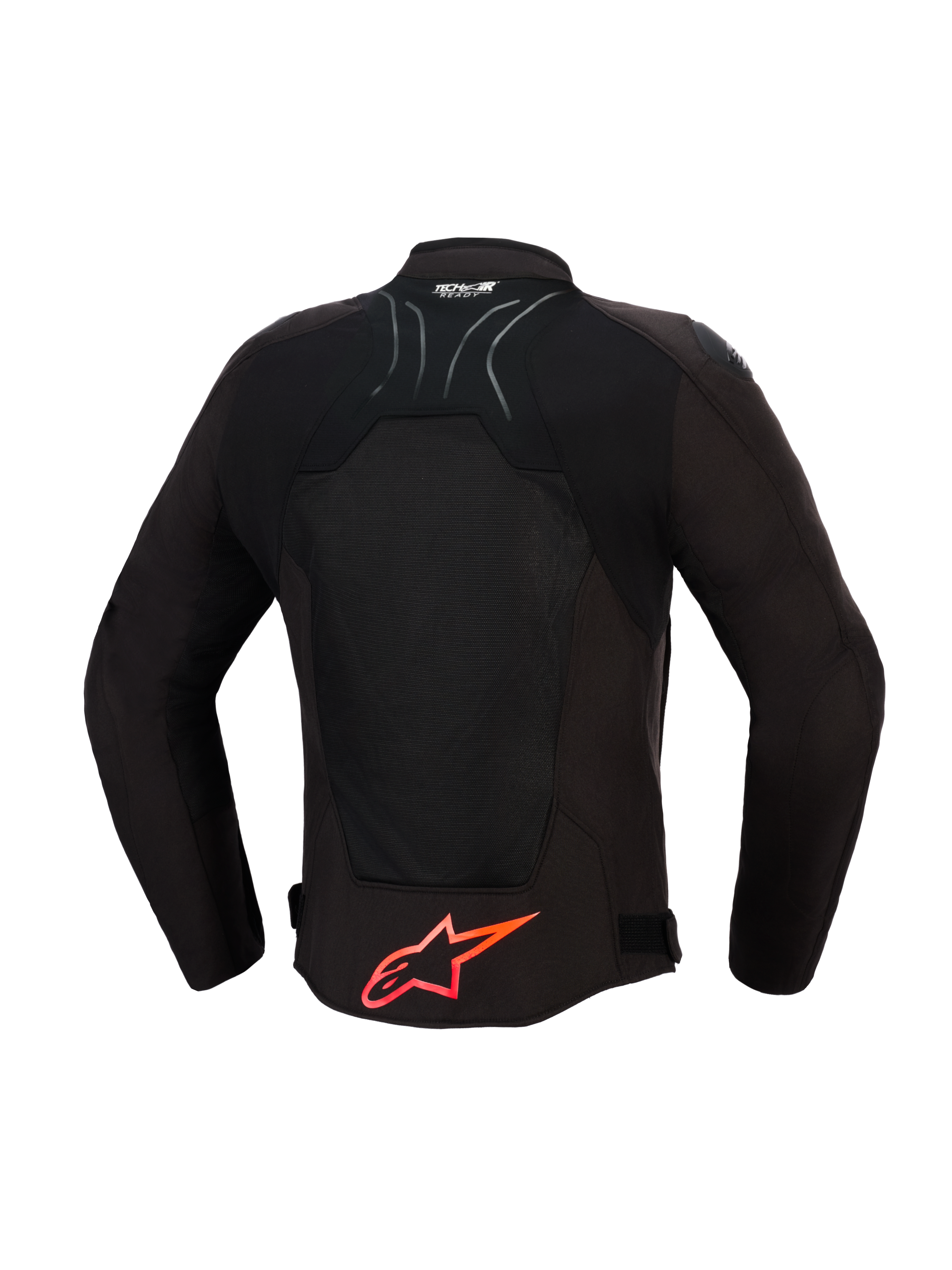 Giacca Alpinestars SMX Air, giacca da moto, nero con dettagli rosso brillante, vista posteriore con pannelli in rete tecnica per il flusso d'aria, grande logo Alpinestars rosso sulla parte inferiore della schiena, logo Tech-Air Ready sul colletto, design sportivo per la guida ad alte prestazioni.