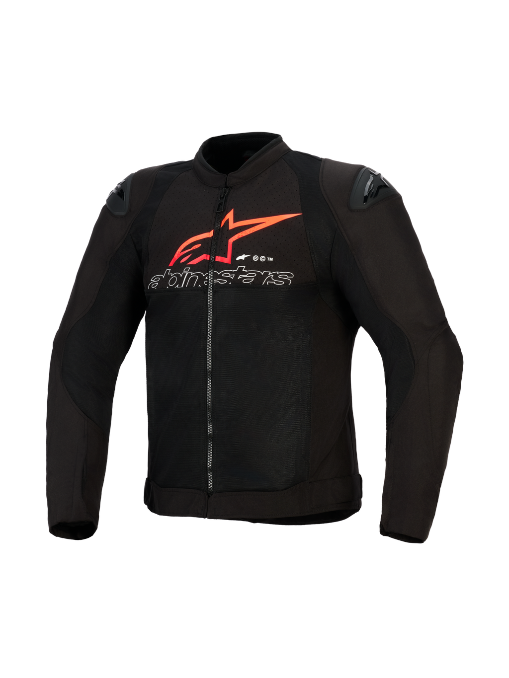 Giacca Alpinestars SMX Air, giacca da moto, nera con dettagli rosso brillante e bianchi, con grande logo a stella rosso e scritta profilata in bianco sul petto, pannelli in rete e slider neri sulle spalle, abbigliamento tecnico per guida sportiva