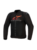 Giacca Alpinestars SMX Air, giacca da moto, nera con dettagli rosso brillante e bianchi, con grande logo a stella rosso e scritta profilata in bianco sul petto, pannelli in rete e slider neri sulle spalle, abbigliamento tecnico per guida sportiva