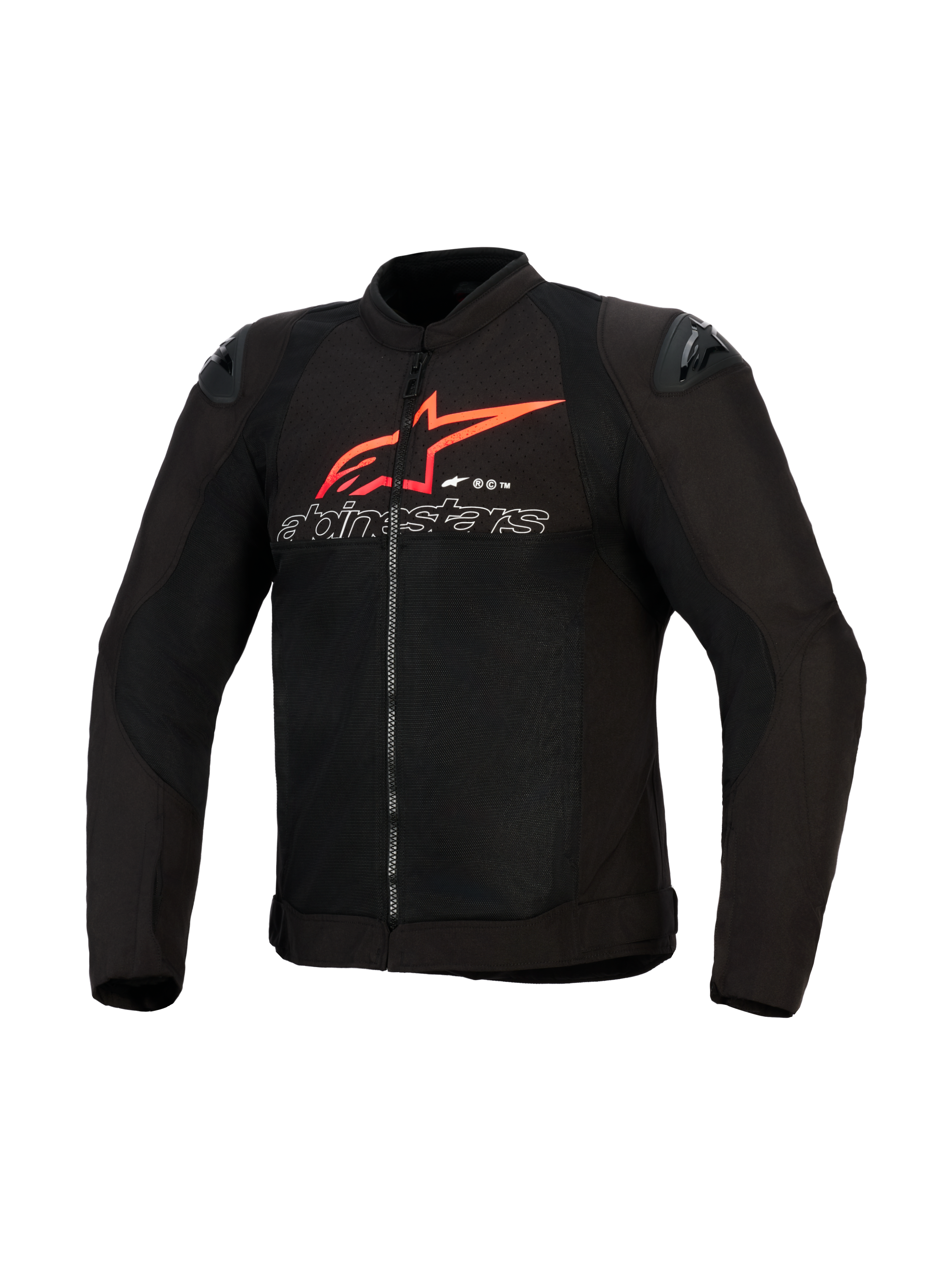 Giacca Alpinestars SMX Air, giacca da moto, nera con dettagli rosso brillante e bianchi, con grande logo a stella rosso e scritta profilata in bianco sul petto, pannelli in rete e slider neri sulle spalle, abbigliamento tecnico per guida sportiva