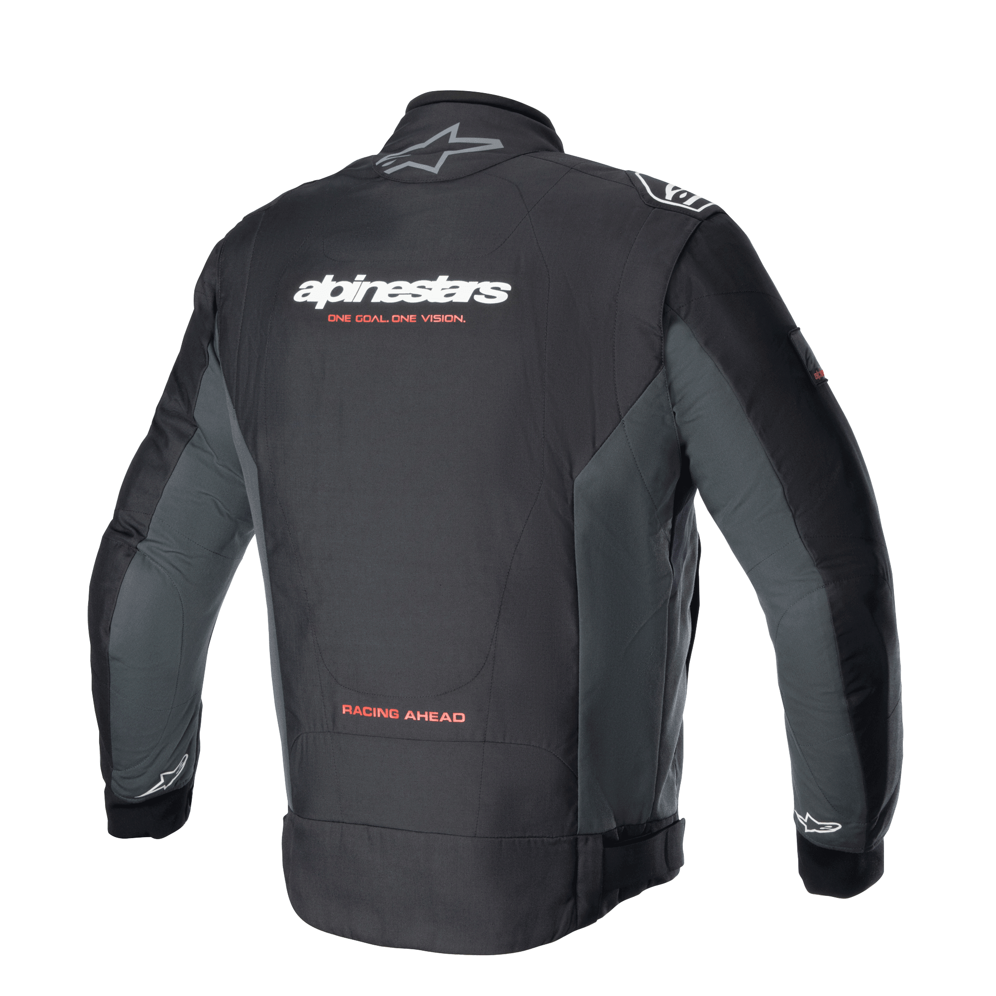Giacca Alpinestars Monza Sport, giacca da moto in tessuto Black Tar Gray vista dal retro, con loghi bianchi e slogan rosso 'ONE GOAL. ONE VISION.', pannelli laterali grigi e scritta 'RACING AHEAD' sulla parte inferiore della schiena