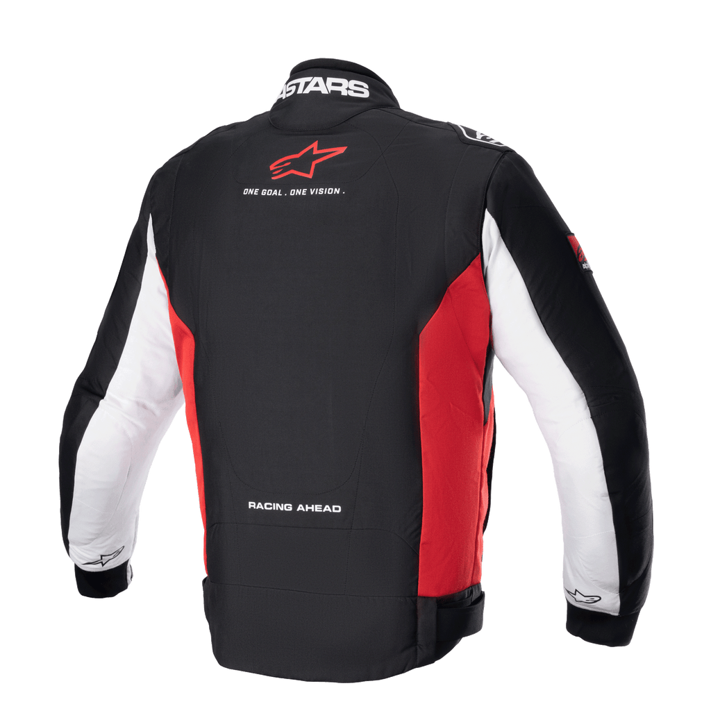 Giacca Monza Sport, giacca da moto in tessuto da uomo, vista posteriore che mostra la combinazione di colori nero, rosso brillante e bianco con dettagli del marchio