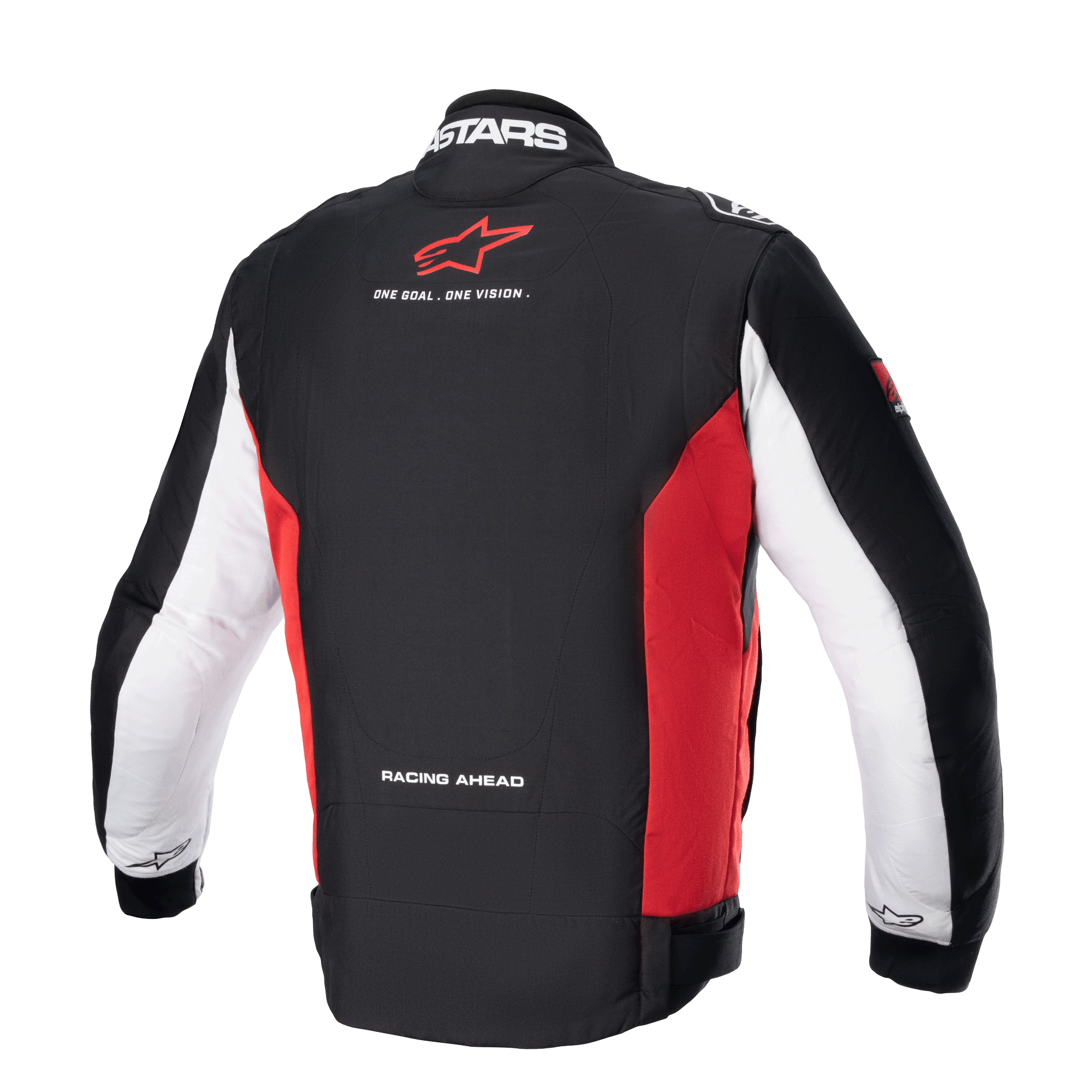 Giacca Monza Sport, giacca da moto in tessuto da uomo, vista posteriore che mostra la combinazione di colori nero, rosso brillante e bianco con dettagli del marchio