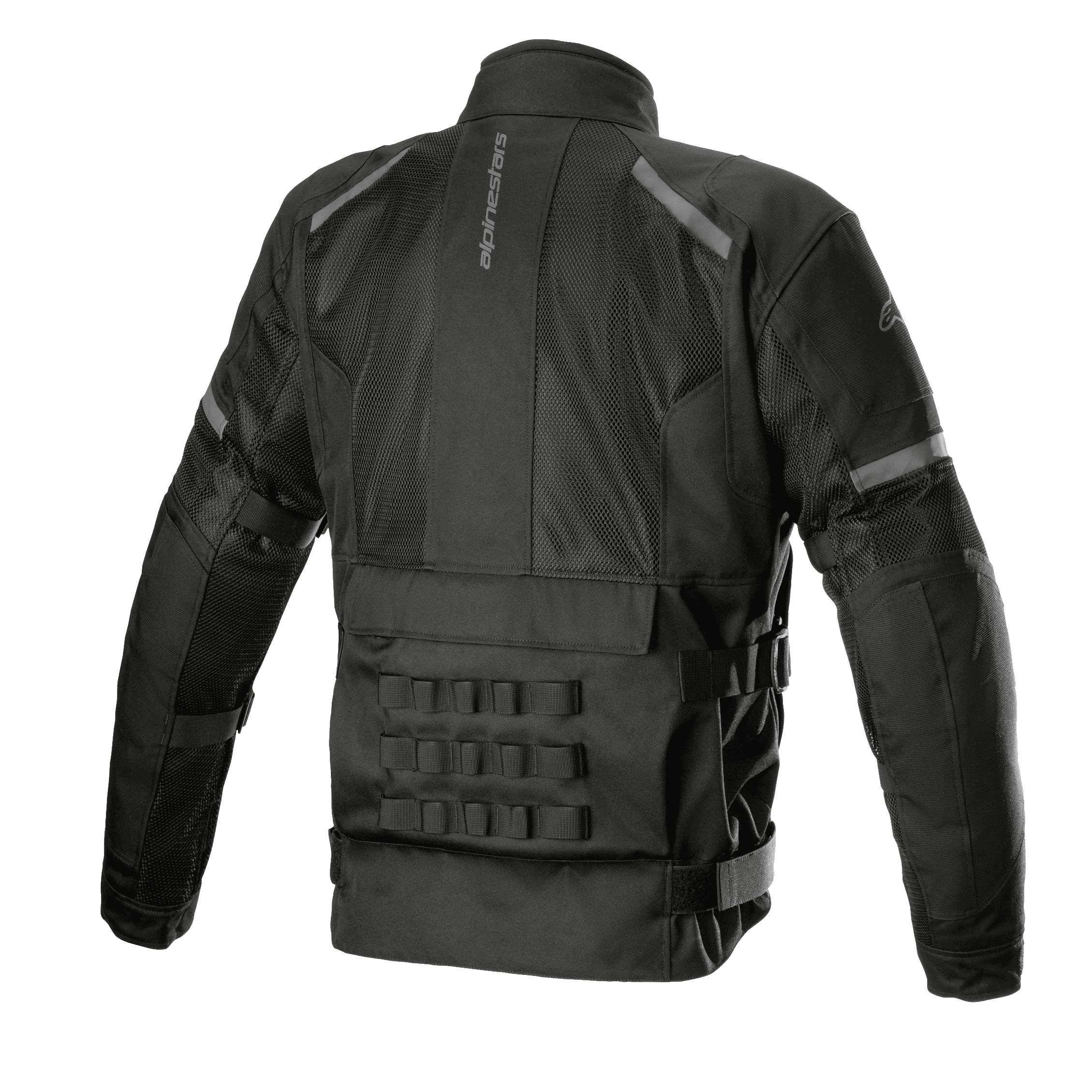 Giacca Alpinestars Crosshill Air Waterproof, nero, vista posteriore che mette in risalto ampi pannelli in mesh tecnico, logo Alpinestars verticale, sistema di connessione modulare PALS sulla parte bassa della schiena e cinghie regolabili in vita, abbigliamento da moto touring resistente