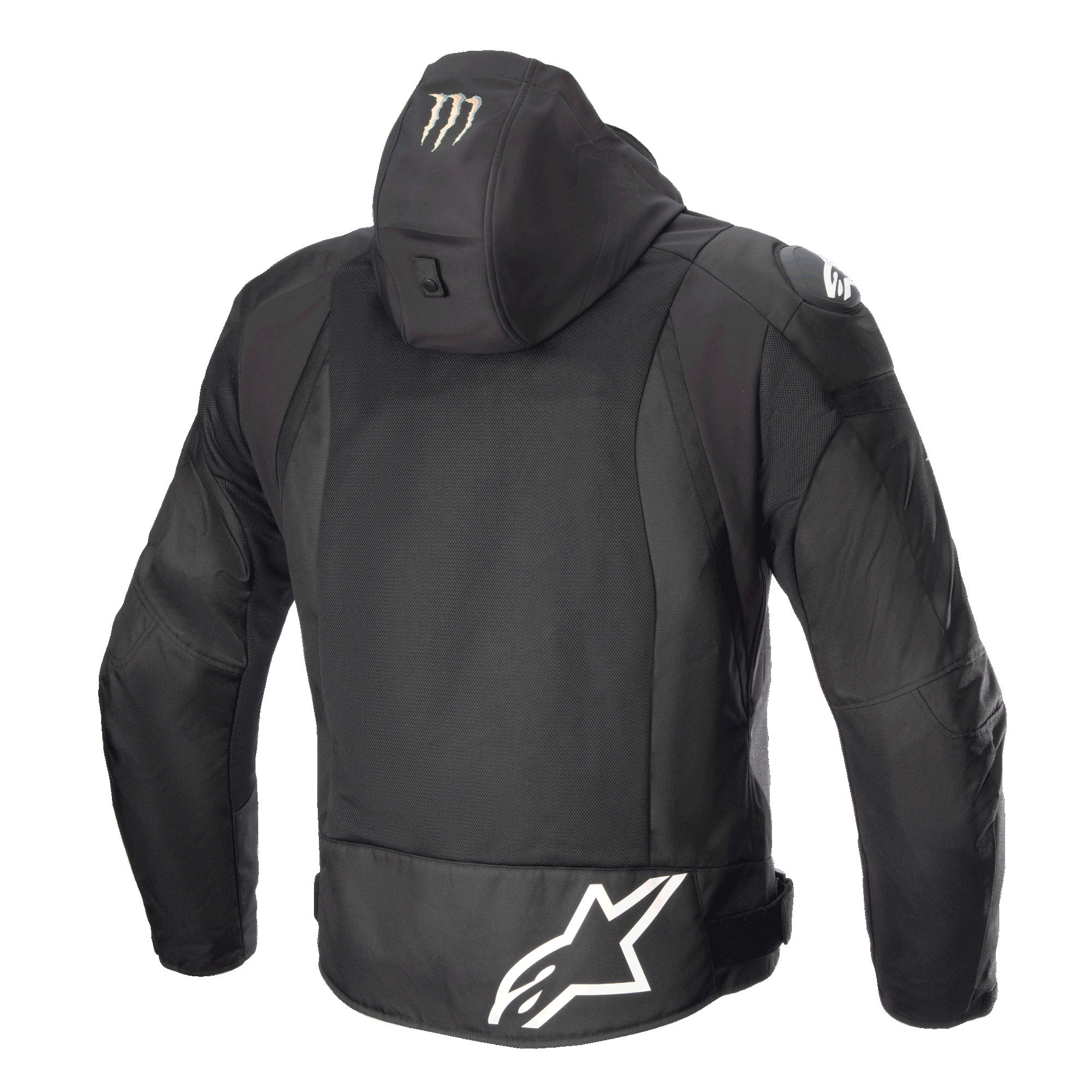 Alpinestars FQ20 Zaca Air Monster Jacket, giacca da moto in tessuto, nero e bianco, vista posteriore con grande logo Alpinestars bianco sulla parte bassa della schiena, logo Monster Energy sul cappuccio, pannelli di ventilazione in rete 3D e cursori per le spalle DFS Lite.