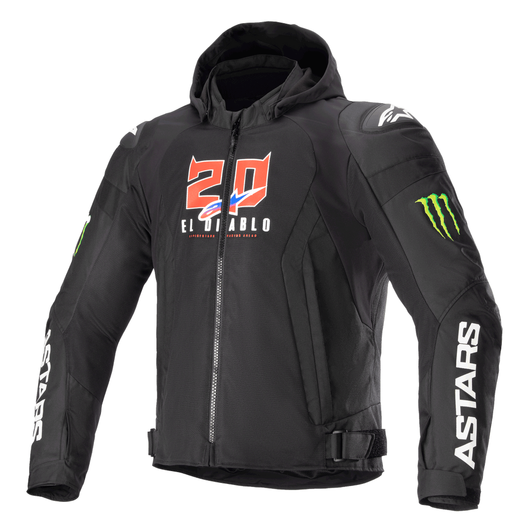 Alpinestars giacca FQ20 Zaca Air Monster, giacca da moto in tessuto nero con cappuccio, grafiche "20 El Diablo" rosse e bianche, loghi artiglio Monster Energy verdi, branding ASTARS bianco sulle maniche, slider DFS Lite sulle spalle, chiusura con zip