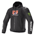 Alpinestars giacca FQ20 Zaca Air Monster, giacca da moto in tessuto nero con cappuccio, grafiche "20 El Diablo" rosse e bianche, loghi artiglio Monster Energy verdi, branding ASTARS bianco sulle maniche, slider DFS Lite sulle spalle, chiusura con zip